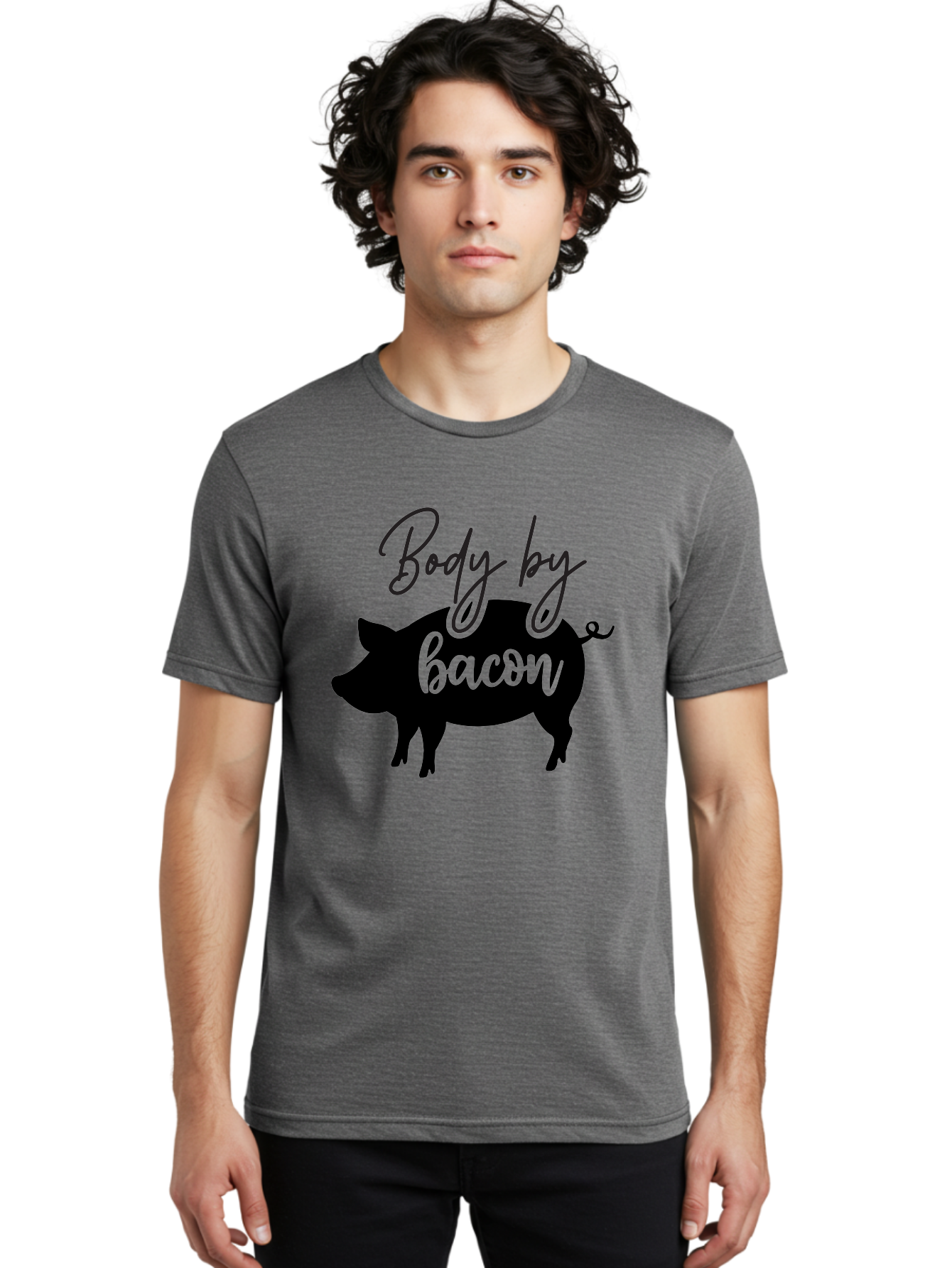 Body-By-Bacon Men'S Graphic Tee, 100% Cotton, Comfortable Casual Summer Wear, Machine Washable, Funny Pig Silhouette, Bacon Lovers, Pig With High Heels, Humorous Illustration, Quirky Art, Pig Silhouette With Text, Body By Bacon Aab567