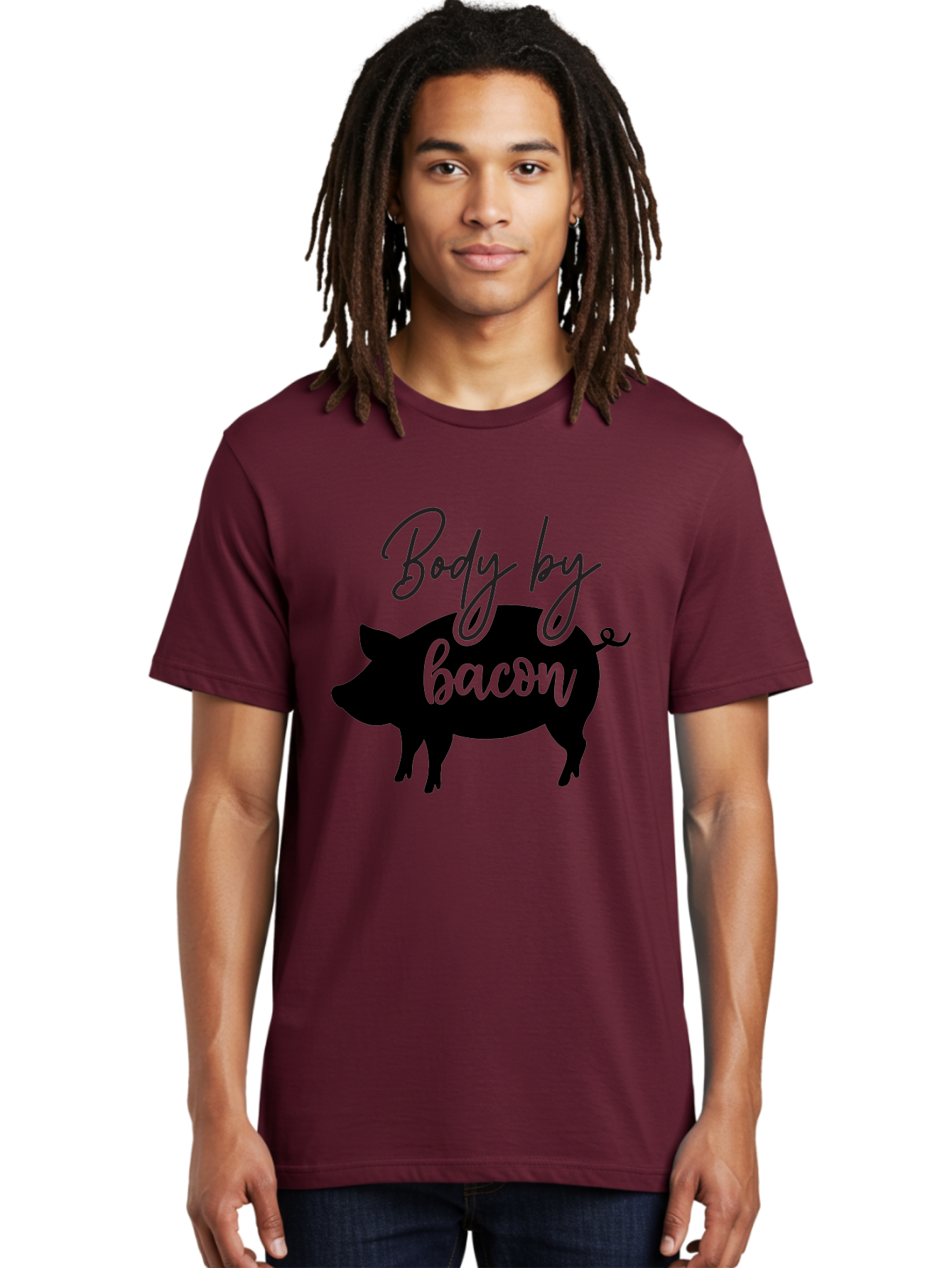 Body-By-Bacon Men'S Graphic Tee, 100% Cotton, Comfortable Casual Summer Wear, Machine Washable, Funny Pig Silhouette, Bacon Lovers, Pig With High Heels, Humorous Illustration, Quirky Art, Pig Silhouette With Text, Body By Bacon Aab567