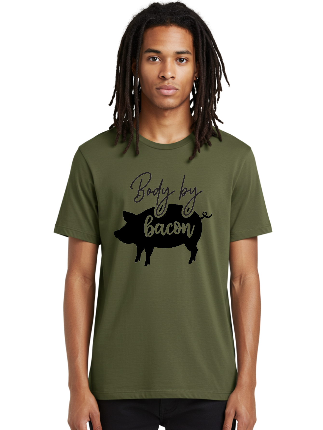 Body-By-Bacon Men'S Graphic Tee, 100% Cotton, Comfortable Casual Summer Wear, Machine Washable, Funny Pig Silhouette, Bacon Lovers, Pig With High Heels, Humorous Illustration, Quirky Art, Pig Silhouette With Text, Body By Bacon Aab567