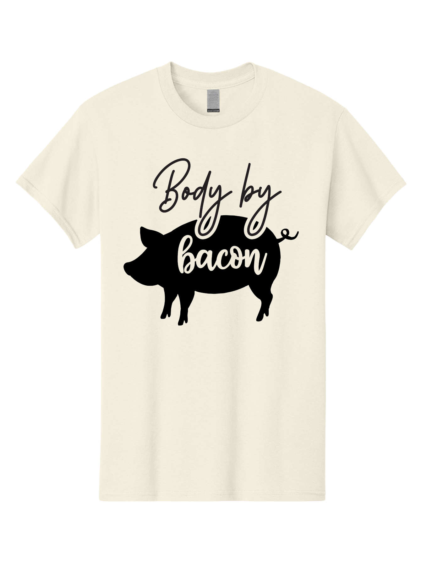 Body-By-Bacon Men'S Graphic Tee, 100% Cotton, Comfortable Casual Summer Wear, Machine Washable, Funny Pig Silhouette, Bacon Lovers, Pig With High Heels, Humorous Illustration, Quirky Art, Pig Silhouette With Text, Body By Bacon Aab567