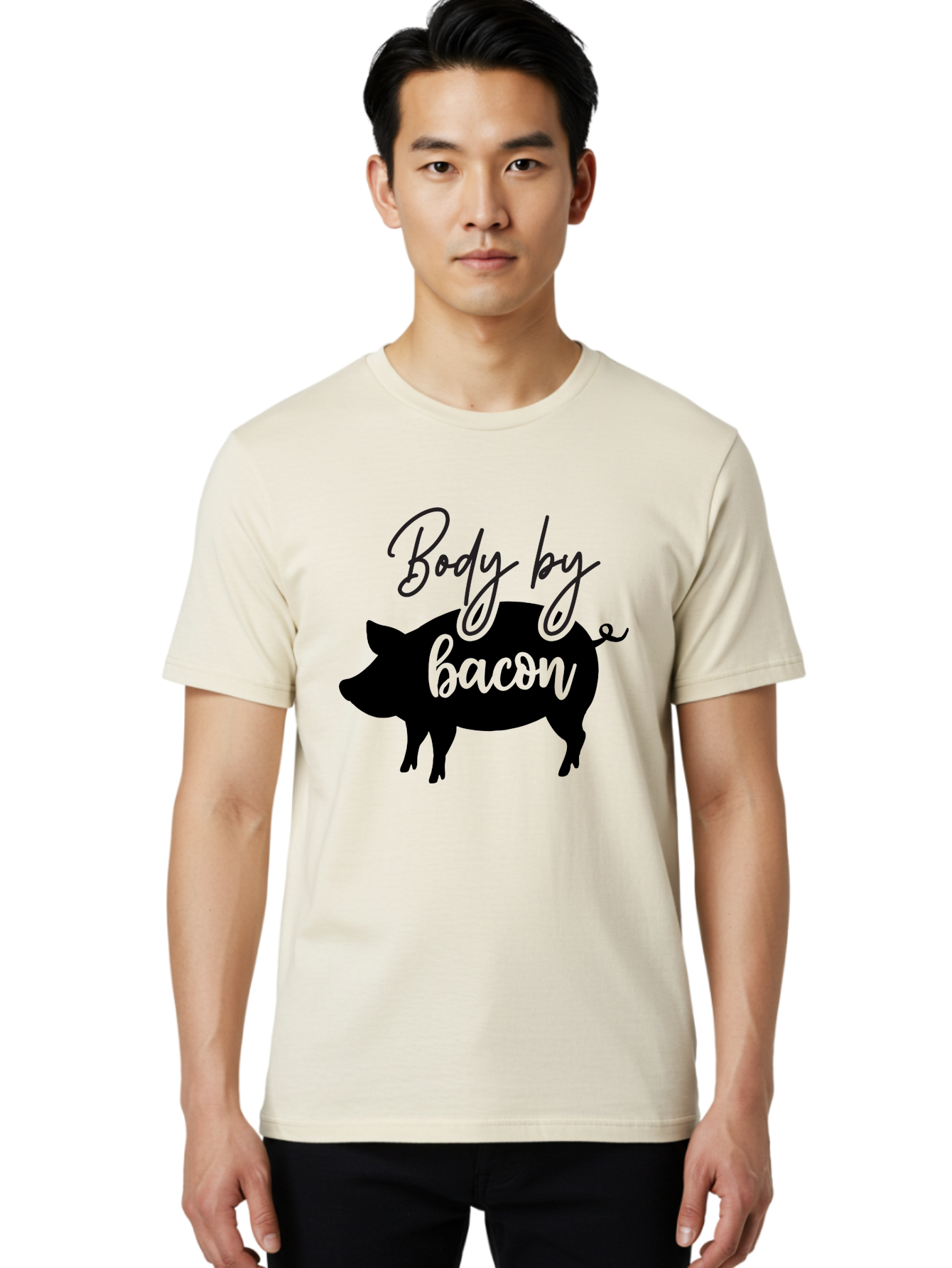 Body-By-Bacon Men'S Graphic Tee, 100% Cotton, Comfortable Casual Summer Wear, Machine Washable, Funny Pig Silhouette, Bacon Lovers, Pig With High Heels, Humorous Illustration, Quirky Art, Pig Silhouette With Text, Body By Bacon Aab567