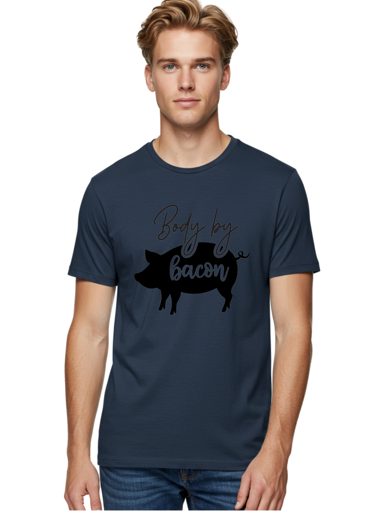 Body-By-Bacon Men'S Graphic Tee, 100% Cotton, Comfortable Casual Summer Wear, Machine Washable, Funny Pig Silhouette, Bacon Lovers, Pig With High Heels, Humorous Illustration, Quirky Art, Pig Silhouette With Text, Body By Bacon Aab567