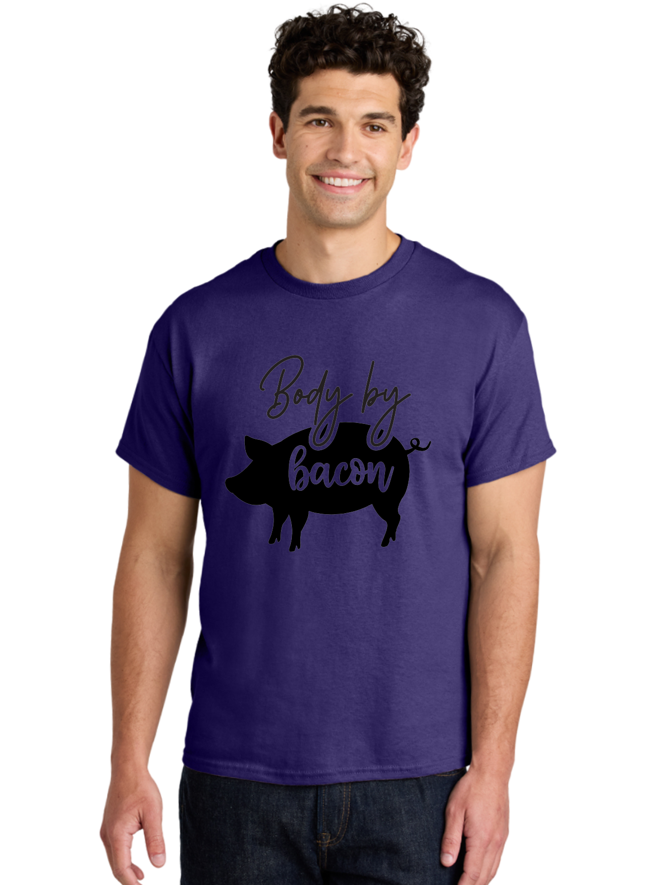 Body-By-Bacon Men'S Graphic Tee, 100% Cotton, Comfortable Casual Summer Wear, Machine Washable, Funny Pig Silhouette, Bacon Lovers, Pig With High Heels, Humorous Illustration, Quirky Art, Pig Silhouette With Text, Body By Bacon Aab567