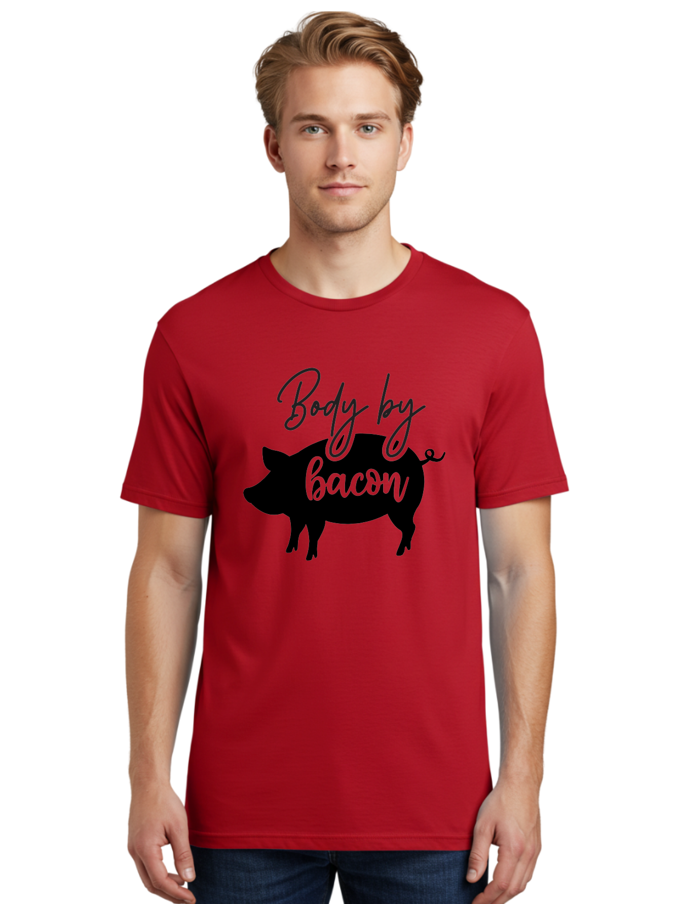 Body-By-Bacon Men'S Graphic Tee, 100% Cotton, Comfortable Casual Summer Wear, Machine Washable, Funny Pig Silhouette, Bacon Lovers, Pig With High Heels, Humorous Illustration, Quirky Art, Pig Silhouette With Text, Body By Bacon Aab567