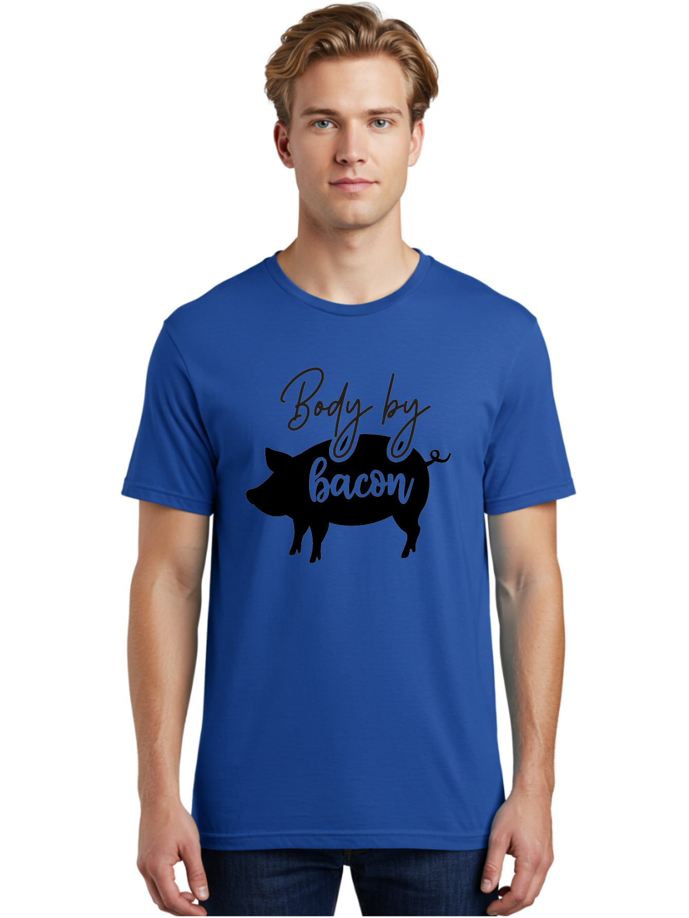 Body-By-Bacon Men'S Graphic Tee, 100% Cotton, Comfortable Casual Summer Wear, Machine Washable, Funny Pig Silhouette, Bacon Lovers, Pig With High Heels, Humorous Illustration, Quirky Art, Pig Silhouette With Text, Body By Bacon Aab567