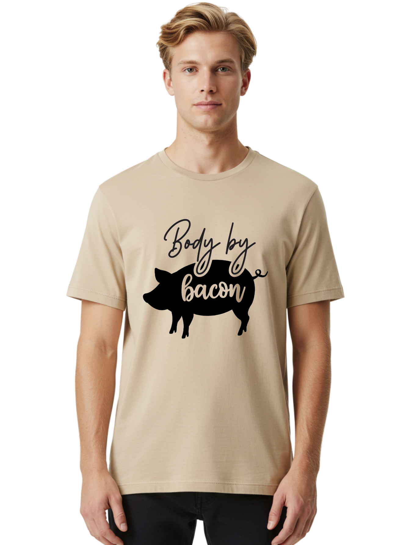 Body-By-Bacon Men'S Graphic Tee, 100% Cotton, Comfortable Casual Summer Wear, Machine Washable, Funny Pig Silhouette, Bacon Lovers, Pig With High Heels, Humorous Illustration, Quirky Art, Pig Silhouette With Text, Body By Bacon Aab567