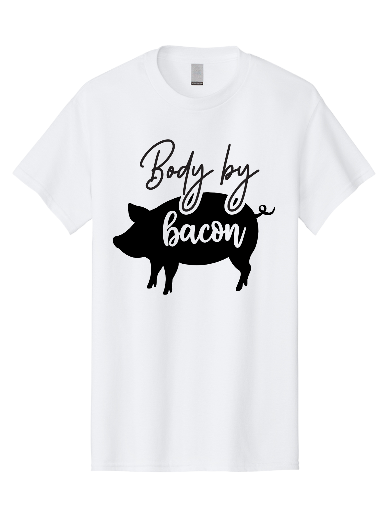 Body-By-Bacon Men'S Graphic Tee, 100% Cotton, Comfortable Casual Summer Wear, Machine Washable, Funny Pig Silhouette, Bacon Lovers, Pig With High Heels, Humorous Illustration, Quirky Art, Pig Silhouette With Text, Body By Bacon Aab567
