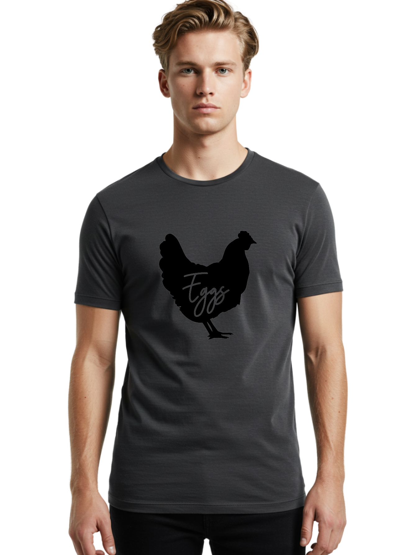 Eggs Men'S Graphic Tee, 100% Cotton, Comfortable Casual Summer Wear, Machine Washable, Black Chicken Silhouette, Egg Production Logo, Poultry Farm Graphics, Chicken Illustration, Eggs Text Overlay, Farm Fresh Eggs, Simple Design Elements, Aab573