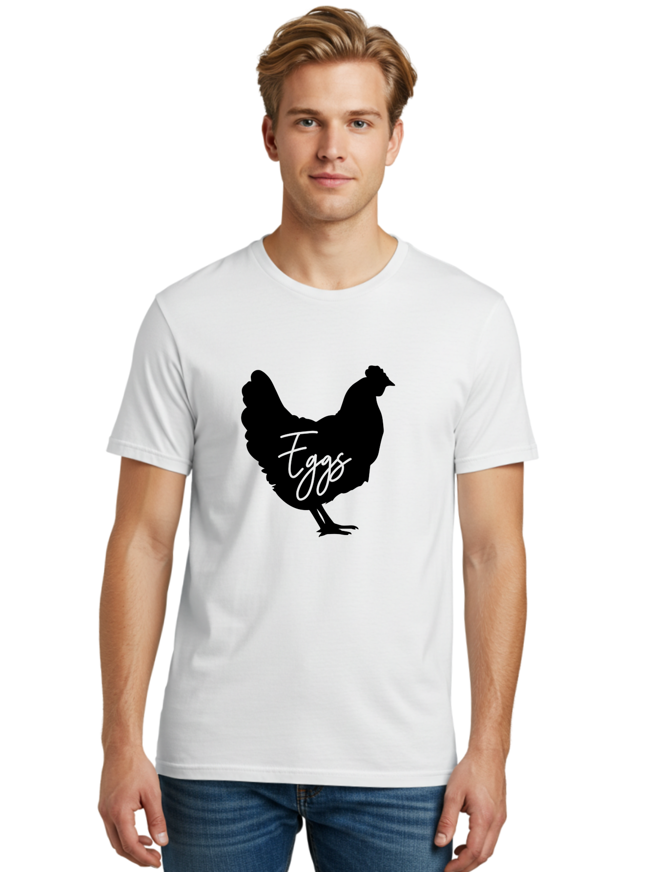 Eggs Men'S Graphic Tee, 100% Cotton, Comfortable Casual Summer Wear, Machine Washable, Black Chicken Silhouette, Egg Production Logo, Poultry Farm Graphics, Chicken Illustration, Eggs Text Overlay, Farm Fresh Eggs, Simple Design Elements, Aab573