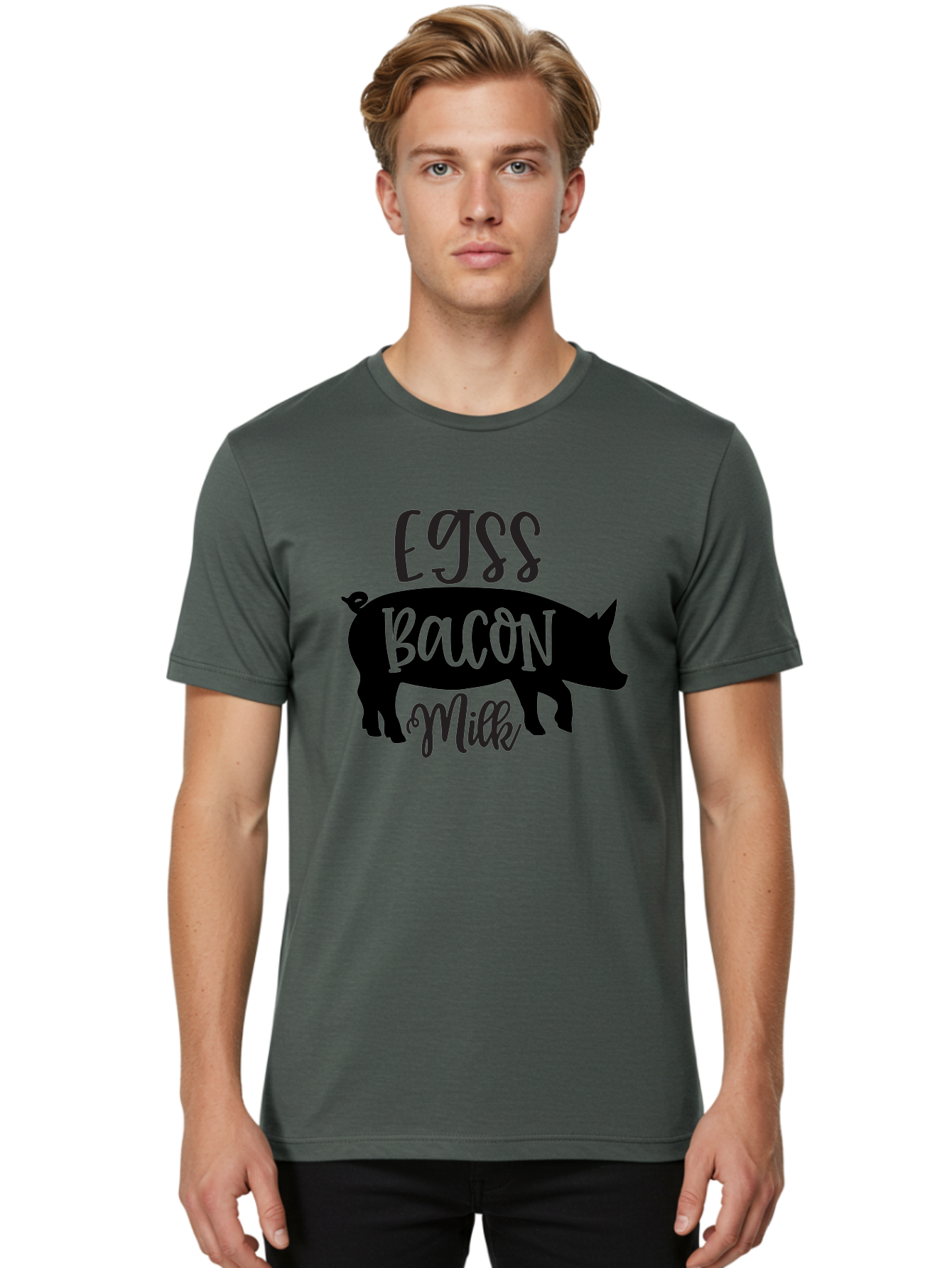 Egjss-Bacon-Milk Men'S Graphic Tee, 100% Cotton, Comfortable Casual Summer Wear, Machine Washable, Eggs, Bacon, Milk, Pig Silhouette, Farm Fresh, Dairy Products, Breakfast Foods, Savory Delights, Farm-To-Table Aab574