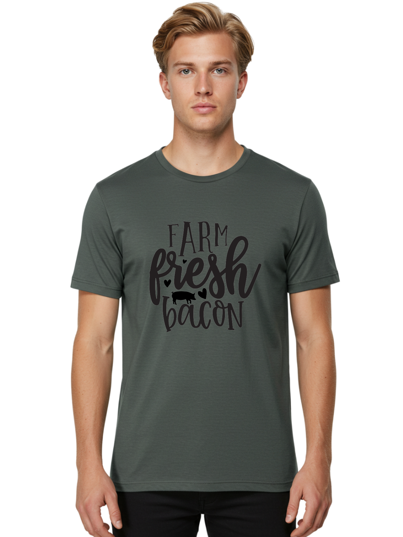 Farm-Fresh-Bacon Men'S Graphic Tee, 100% Cotton, Comfortable Casual Summer Wear, Machine Washable, Farm Fresh Bacon, Farm Food, Fresh Meat, Farm To Table, Bacon Lover, Pig Silhouette, Foodie Graphics, Kitchen Decor, Rustic Charm Aab575