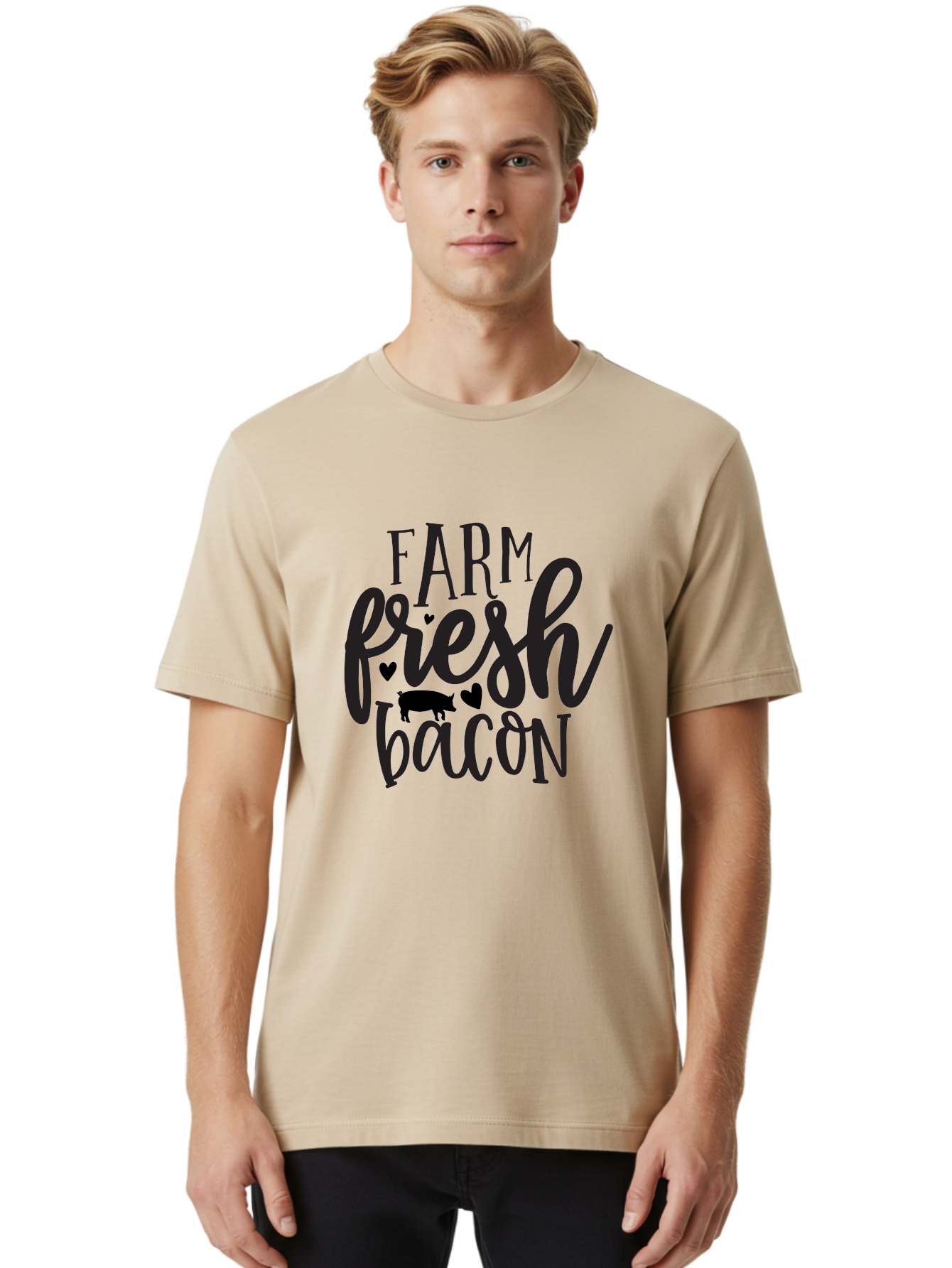 Farm-Fresh-Bacon Men'S Graphic Tee, 100% Cotton, Comfortable Casual Summer Wear, Machine Washable, Farm Fresh Bacon, Farm Food, Fresh Meat, Farm To Table, Bacon Lover, Pig Silhouette, Foodie Graphics, Kitchen Decor, Rustic Charm Aab575