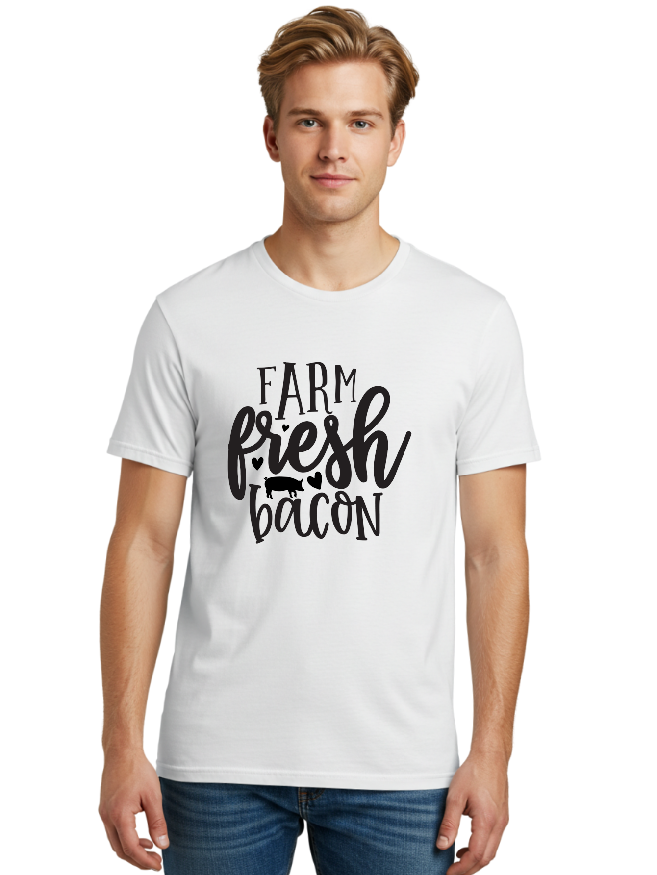 Farm-Fresh-Bacon Men'S Graphic Tee, 100% Cotton, Comfortable Casual Summer Wear, Machine Washable, Farm Fresh Bacon, Farm Food, Fresh Meat, Farm To Table, Bacon Lover, Pig Silhouette, Foodie Graphics, Kitchen Decor, Rustic Charm Aab575