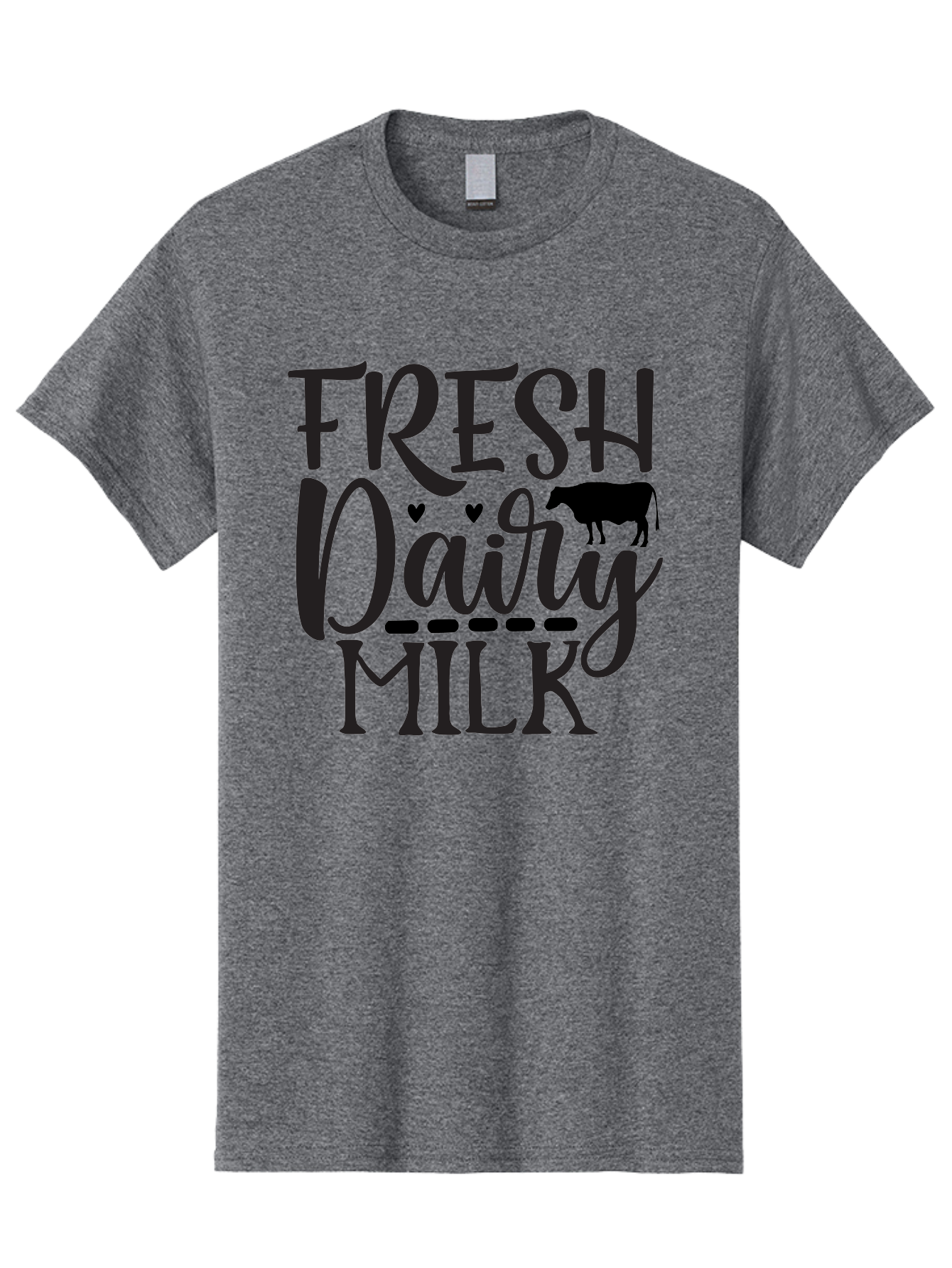 Fresh-Dairy-Milk Men'S Graphic Tee, 100% Cotton, Comfortable Casual Summer Wear, Machine Washable, Fresh Dairy Milk, Cow Silhouette, Hearts, Rustic Font, Dairy Products, Milk Advertisement, Farm Fresh, Dairy Farm, Milk Packaging, Cow Graphics Aab581