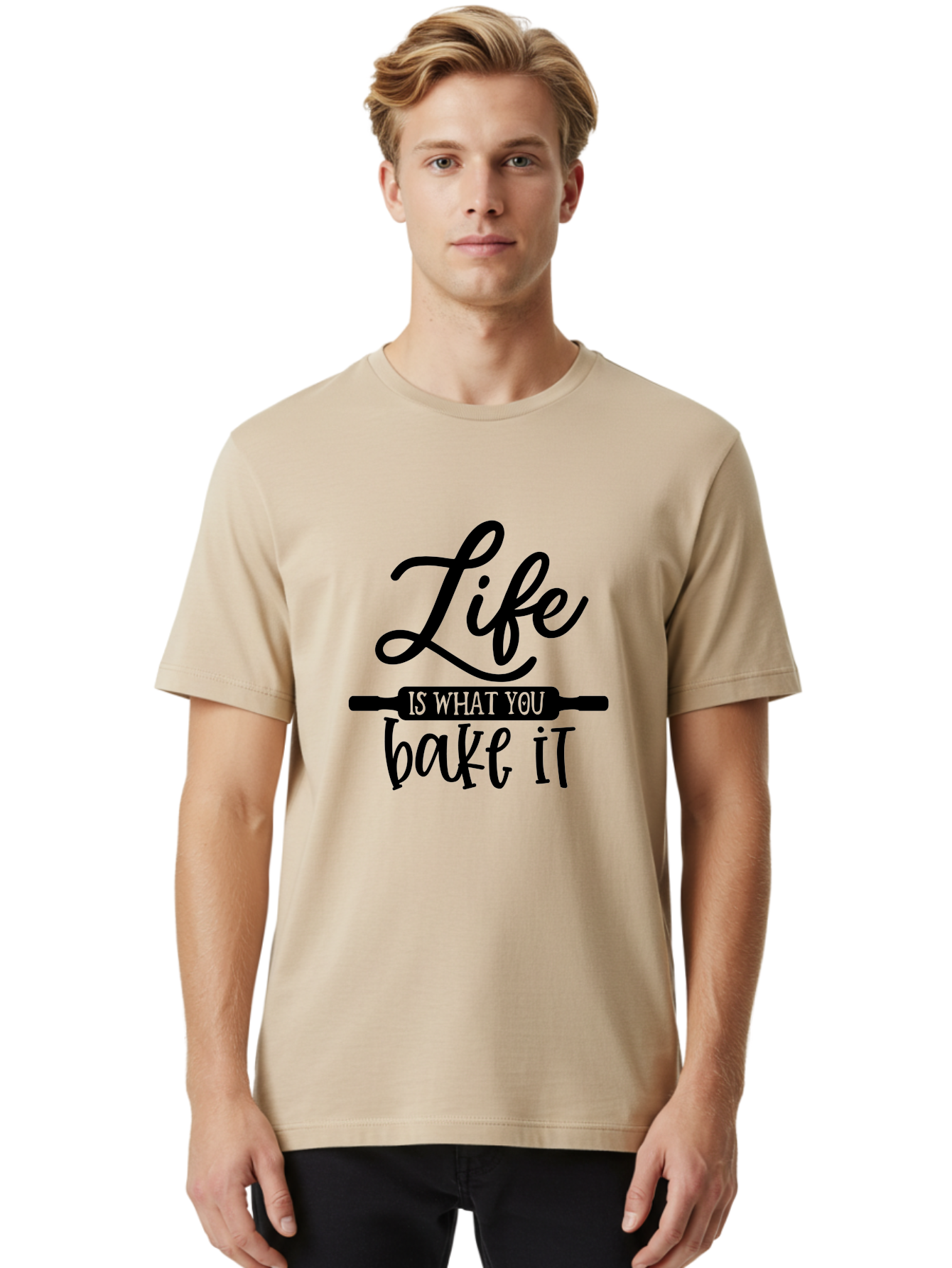 Life-Is-What-You-Bake-It Men'S Graphic Tee, 100% Cotton, Comfortable Casual Summer Wear, Machine Washable, Inspirational Quote, Baking Inspiration, Motivational Phrases, Positive Affirmations, Kitchen Decor, Baking Quotes, Rolling Pin Design Aab585