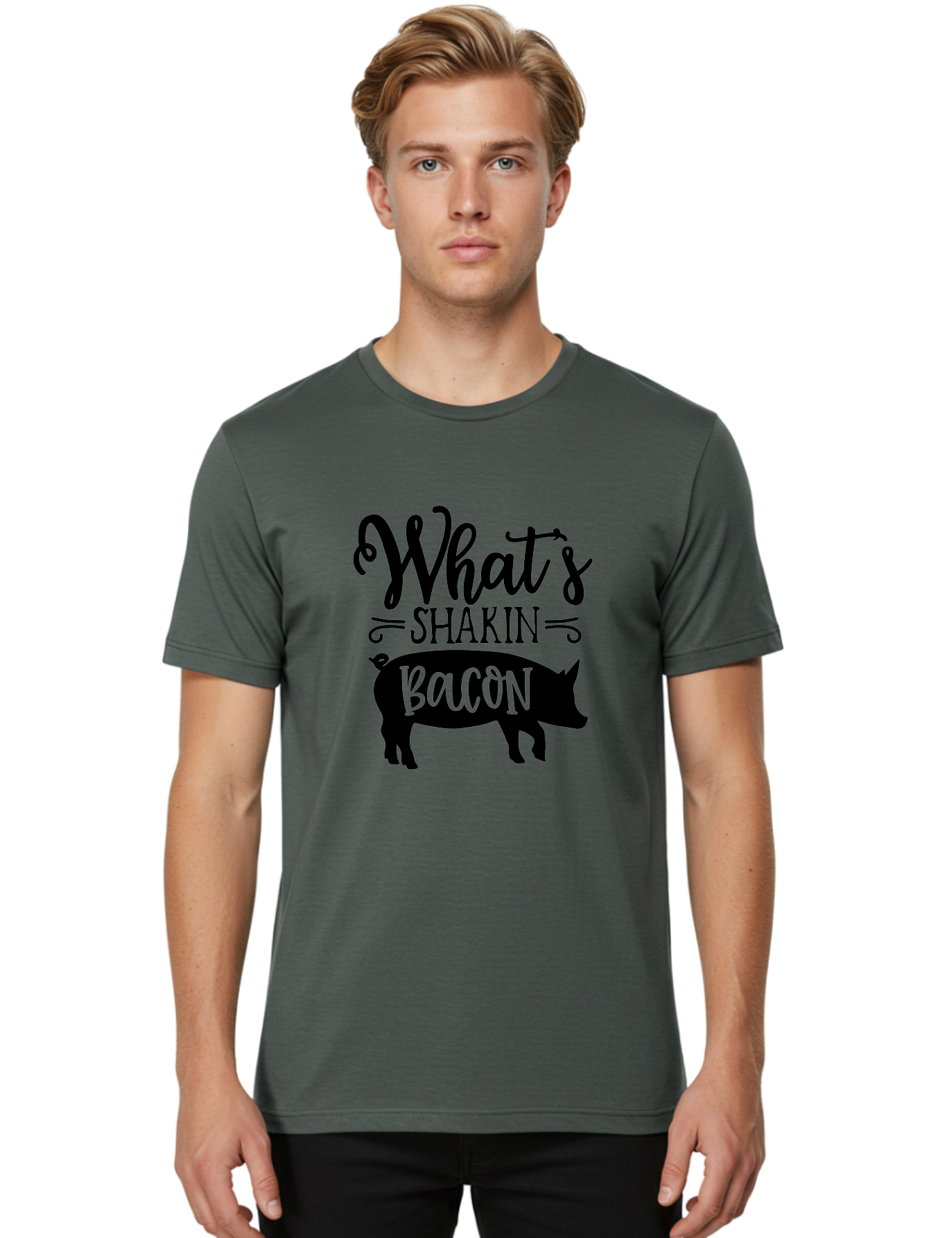 What-S-Shakin-Bacon Men'S Graphic Tee, 100% Cotton, Comfortable Casual Summer Wear, Machine Washable, Funny Pig Graphic, Bacon Lover Gift, Playful Typography, What'S Shakin Bacon, Pig Silhouette, Whimsical Design, Humor, Bacon Pun, Aab593