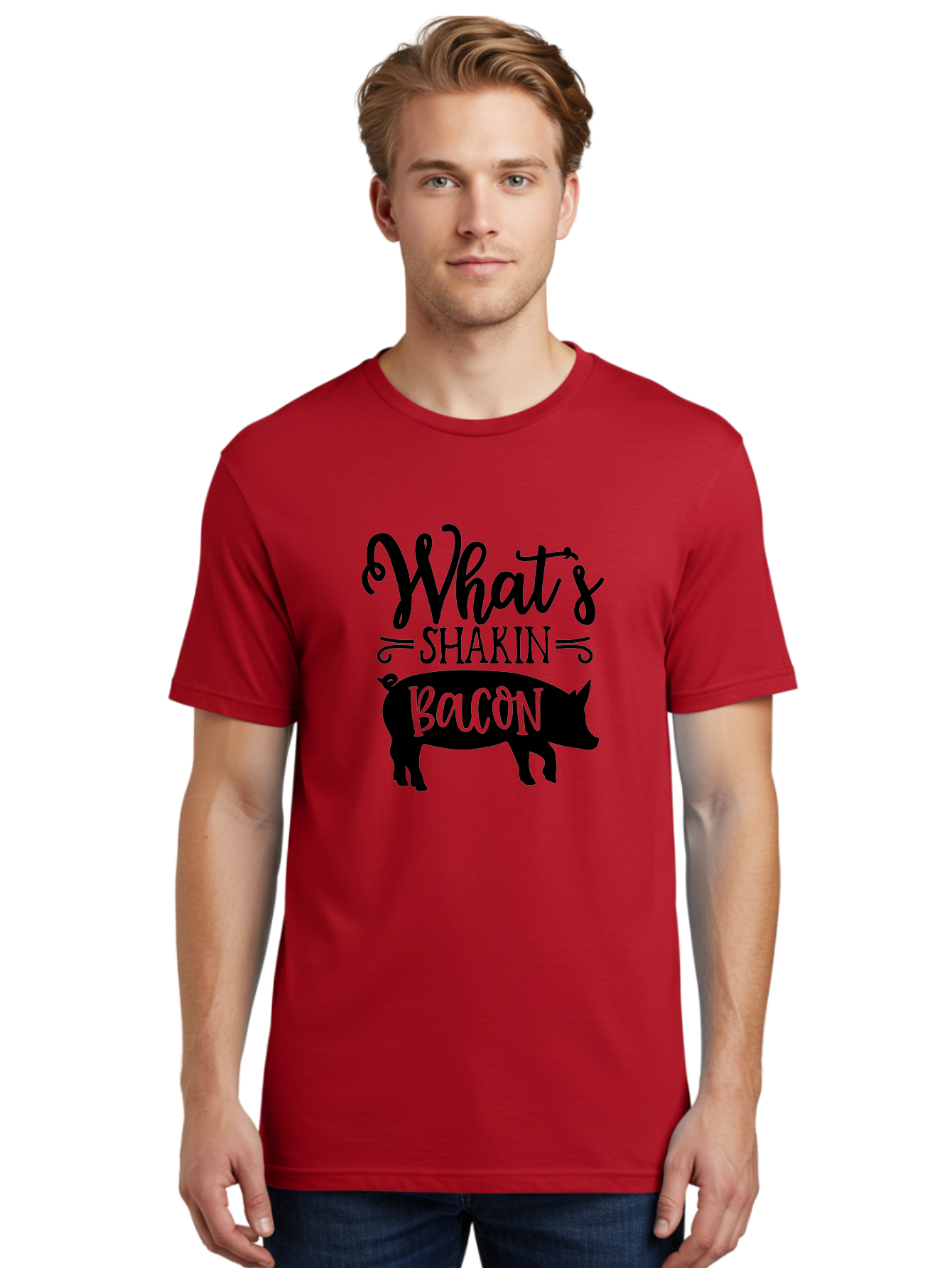 What-S-Shakin-Bacon Men'S Graphic Tee, 100% Cotton, Comfortable Casual Summer Wear, Machine Washable, Funny Pig Graphic, Bacon Lover Gift, Playful Typography, What'S Shakin Bacon, Pig Silhouette, Whimsical Design, Humor, Bacon Pun, Aab593