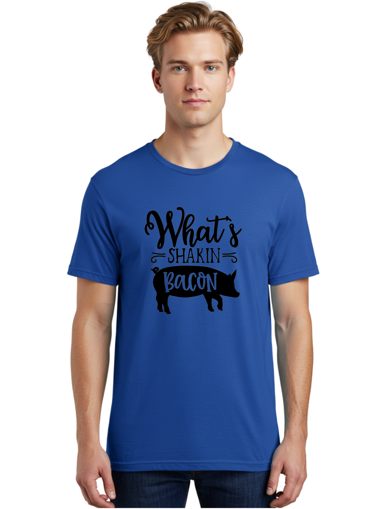 What-S-Shakin-Bacon Men'S Graphic Tee, 100% Cotton, Comfortable Casual Summer Wear, Machine Washable, Funny Pig Graphic, Bacon Lover Gift, Playful Typography, What'S Shakin Bacon, Pig Silhouette, Whimsical Design, Humor, Bacon Pun, Aab593