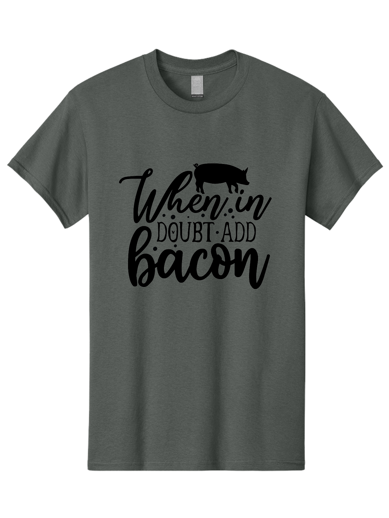When-In-Doubt-Add-Bacon Men'S Graphic Tee, 100% Cotton, Comfortable Casual Summer Wear, Machine Washable, Funny Quote, Bacon Slogan, Food Humor, Quote Graphics, Pig Silhouette, Kitchen Decor, Funny Kitchen Sayings, Bacon Lover Gifts Aab594