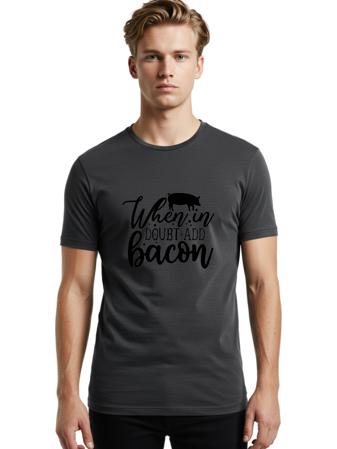 When-In-Doubt-Add-Bacon Men'S Graphic Tee, 100% Cotton, Comfortable Casual Summer Wear, Machine Washable, Funny Quote, Bacon Slogan, Food Humor, Quote Graphics, Pig Silhouette, Kitchen Decor, Funny Kitchen Sayings, Bacon Lover Gifts Aab594