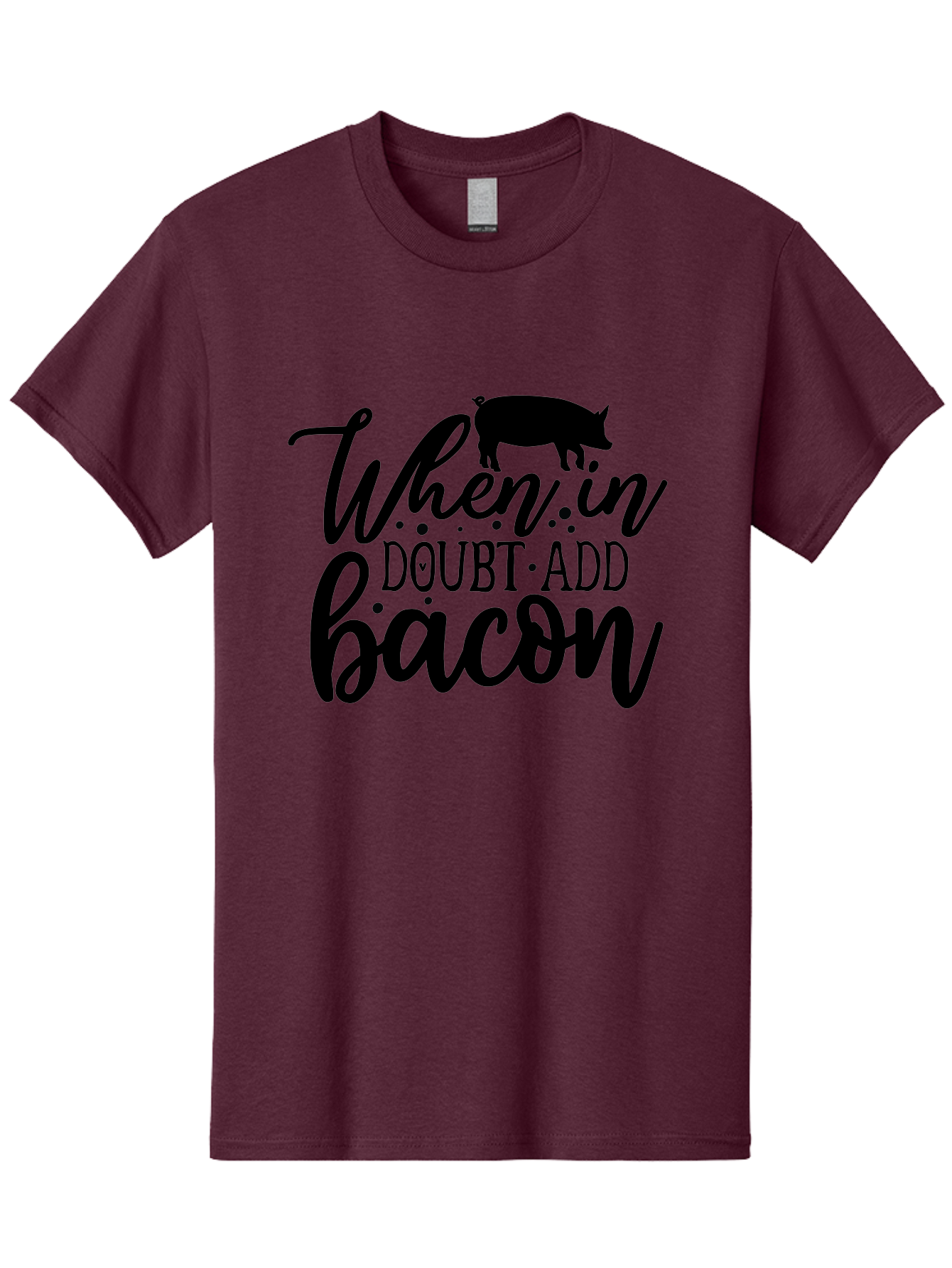 When-In-Doubt-Add-Bacon Men'S Graphic Tee, 100% Cotton, Comfortable Casual Summer Wear, Machine Washable, Funny Quote, Bacon Slogan, Food Humor, Quote Graphics, Pig Silhouette, Kitchen Decor, Funny Kitchen Sayings, Bacon Lover Gifts Aab594