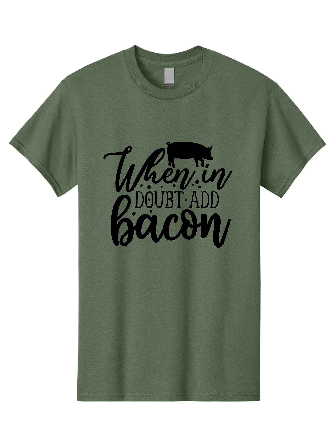 When-In-Doubt-Add-Bacon Men'S Graphic Tee, 100% Cotton, Comfortable Casual Summer Wear, Machine Washable, Funny Quote, Bacon Slogan, Food Humor, Quote Graphics, Pig Silhouette, Kitchen Decor, Funny Kitchen Sayings, Bacon Lover Gifts Aab594