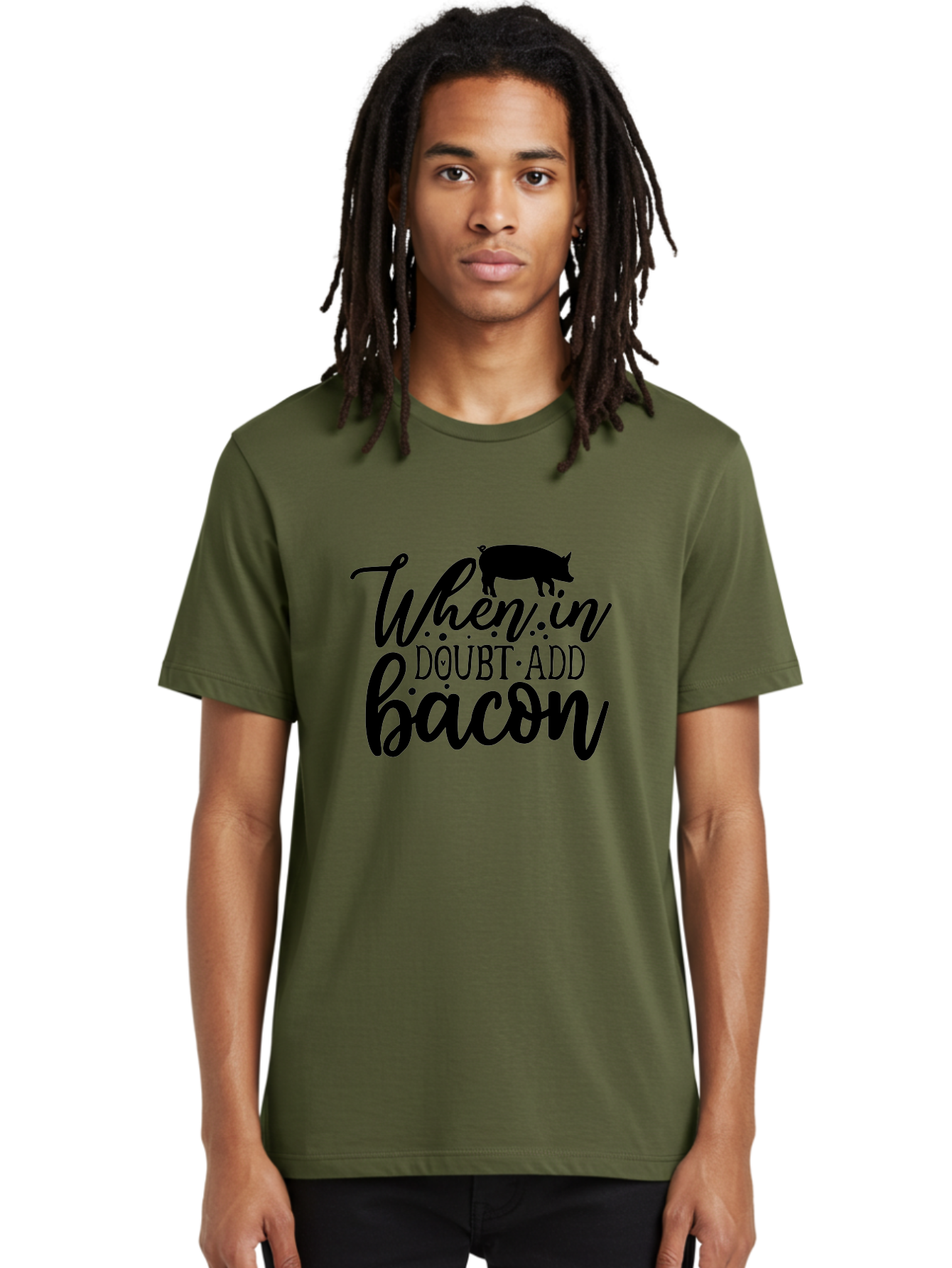 When-In-Doubt-Add-Bacon Men'S Graphic Tee, 100% Cotton, Comfortable Casual Summer Wear, Machine Washable, Funny Quote, Bacon Slogan, Food Humor, Quote Graphics, Pig Silhouette, Kitchen Decor, Funny Kitchen Sayings, Bacon Lover Gifts Aab594