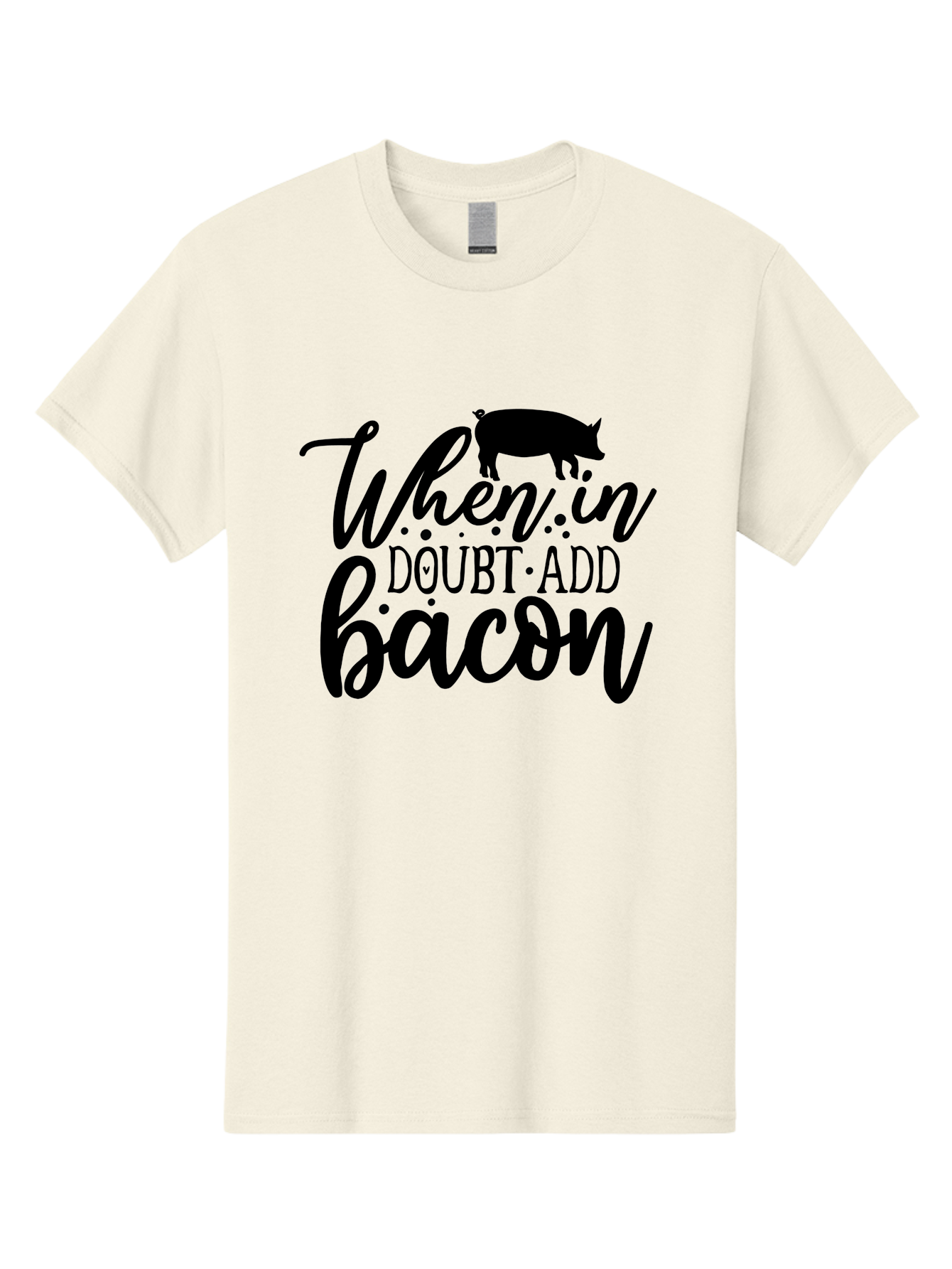 When-In-Doubt-Add-Bacon Men'S Graphic Tee, 100% Cotton, Comfortable Casual Summer Wear, Machine Washable, Funny Quote, Bacon Slogan, Food Humor, Quote Graphics, Pig Silhouette, Kitchen Decor, Funny Kitchen Sayings, Bacon Lover Gifts Aab594
