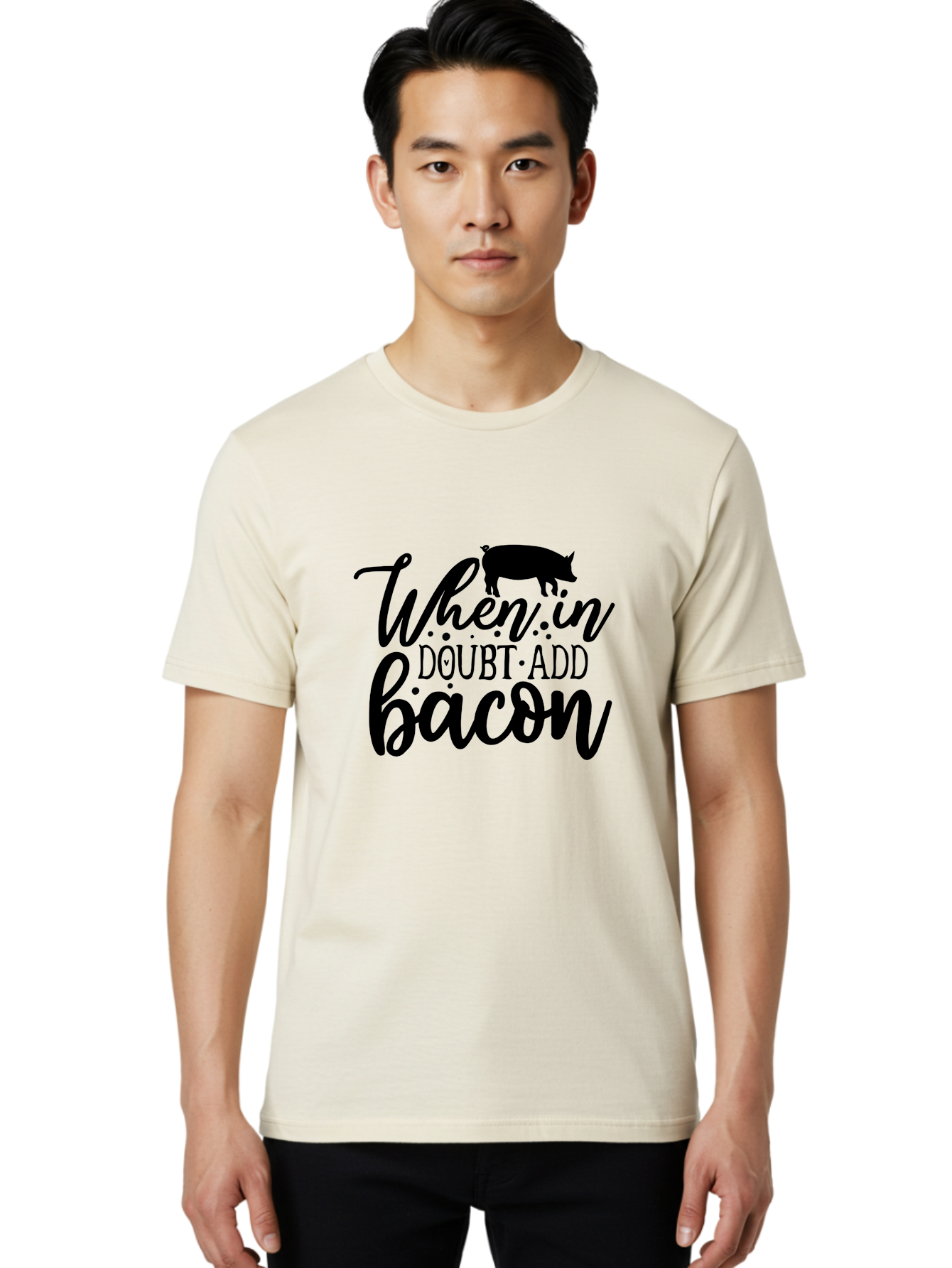 When-In-Doubt-Add-Bacon Men'S Graphic Tee, 100% Cotton, Comfortable Casual Summer Wear, Machine Washable, Funny Quote, Bacon Slogan, Food Humor, Quote Graphics, Pig Silhouette, Kitchen Decor, Funny Kitchen Sayings, Bacon Lover Gifts Aab594