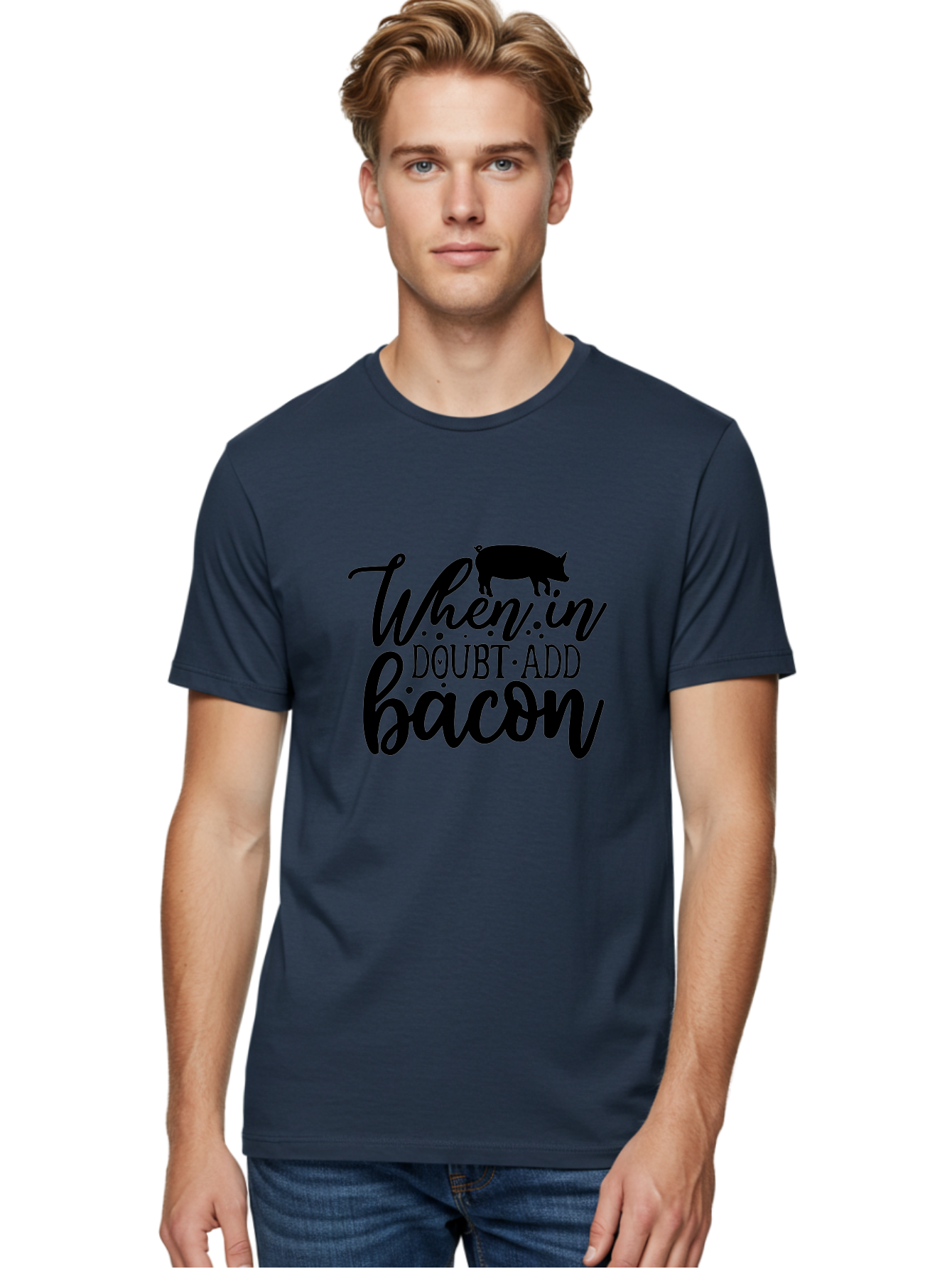 When-In-Doubt-Add-Bacon Men'S Graphic Tee, 100% Cotton, Comfortable Casual Summer Wear, Machine Washable, Funny Quote, Bacon Slogan, Food Humor, Quote Graphics, Pig Silhouette, Kitchen Decor, Funny Kitchen Sayings, Bacon Lover Gifts Aab594