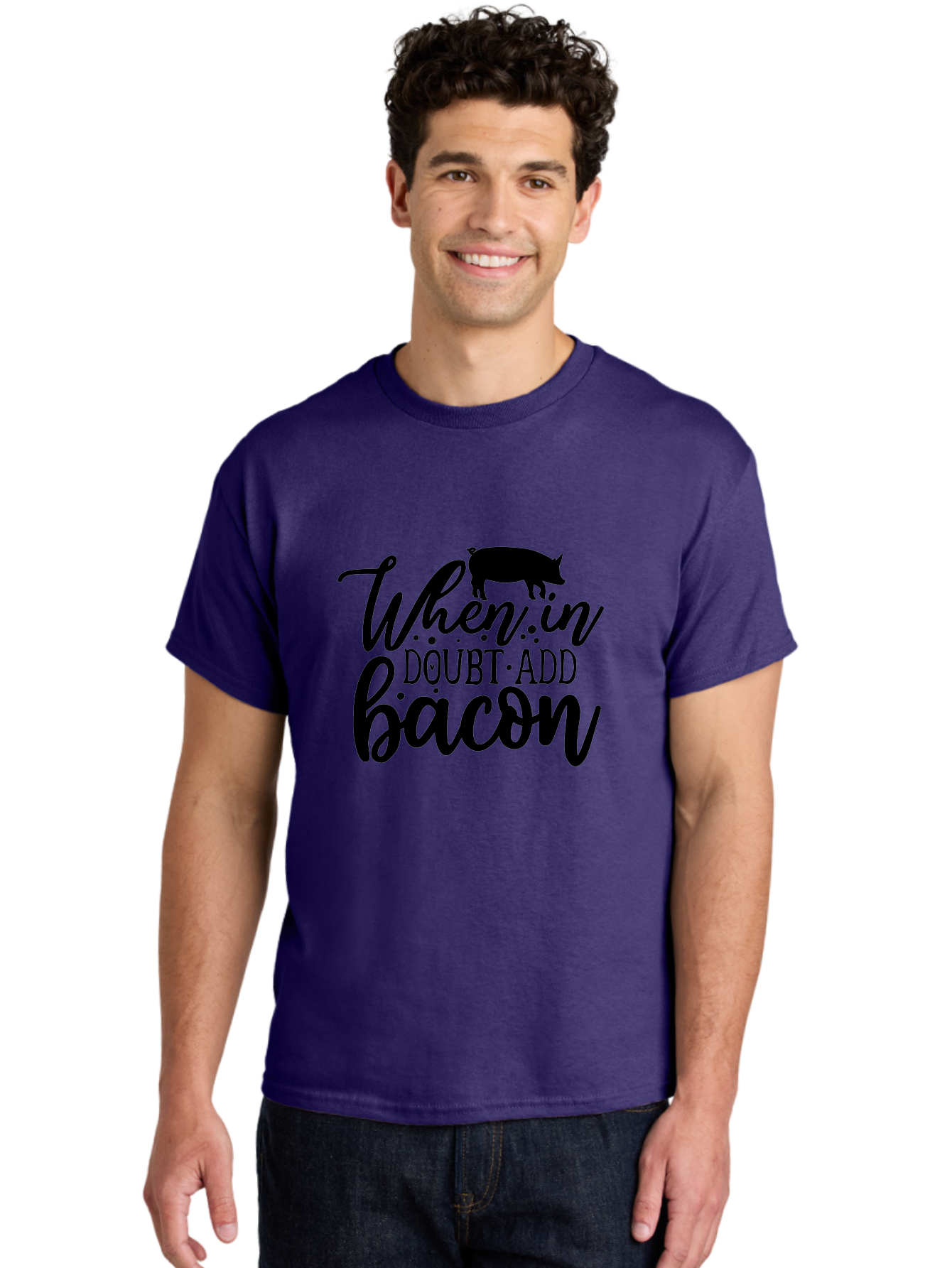 When-In-Doubt-Add-Bacon Men'S Graphic Tee, 100% Cotton, Comfortable Casual Summer Wear, Machine Washable, Funny Quote, Bacon Slogan, Food Humor, Quote Graphics, Pig Silhouette, Kitchen Decor, Funny Kitchen Sayings, Bacon Lover Gifts Aab594