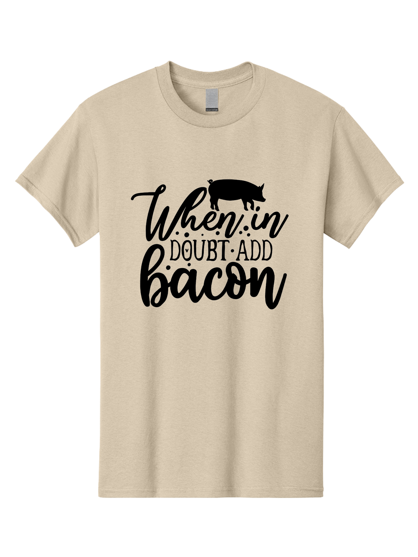 When-In-Doubt-Add-Bacon Men'S Graphic Tee, 100% Cotton, Comfortable Casual Summer Wear, Machine Washable, Funny Quote, Bacon Slogan, Food Humor, Quote Graphics, Pig Silhouette, Kitchen Decor, Funny Kitchen Sayings, Bacon Lover Gifts Aab594
