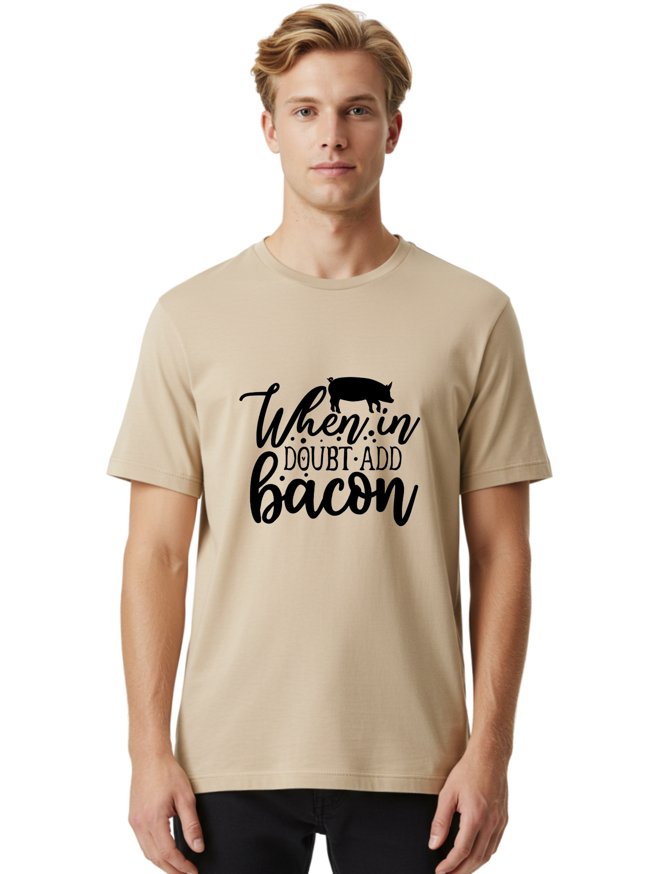 When-In-Doubt-Add-Bacon Men'S Graphic Tee, 100% Cotton, Comfortable Casual Summer Wear, Machine Washable, Funny Quote, Bacon Slogan, Food Humor, Quote Graphics, Pig Silhouette, Kitchen Decor, Funny Kitchen Sayings, Bacon Lover Gifts Aab594
