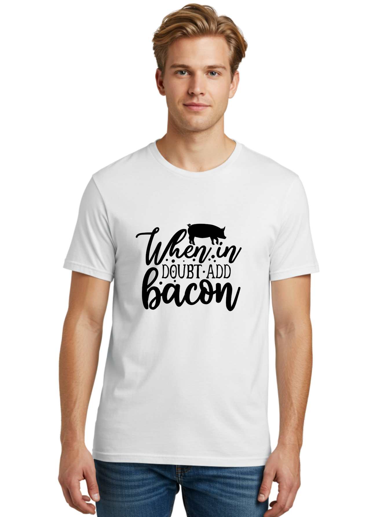 When-In-Doubt-Add-Bacon Men'S Graphic Tee, 100% Cotton, Comfortable Casual Summer Wear, Machine Washable, Funny Quote, Bacon Slogan, Food Humor, Quote Graphics, Pig Silhouette, Kitchen Decor, Funny Kitchen Sayings, Bacon Lover Gifts Aab594