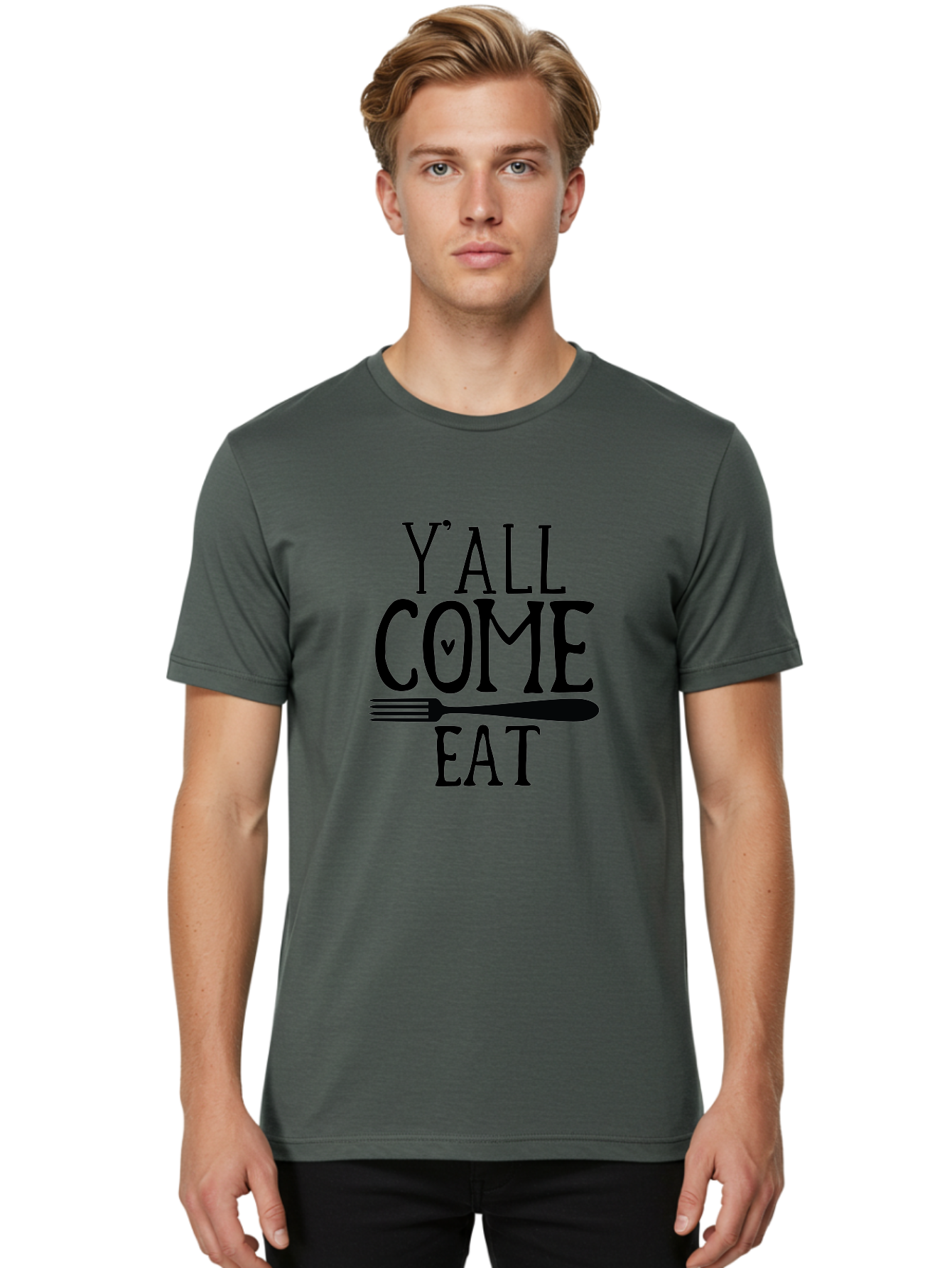 Y-All-Come-Eat Men'S Graphic Tee, 100% Cotton, Comfortable Casual Summer Wear, Machine Washable, Food Invitation, Southern Hospitality, Fork Graphic, Come Eat Sign, Restaurant Signage, Dinner Party Invitation, Casual Dining Aab597