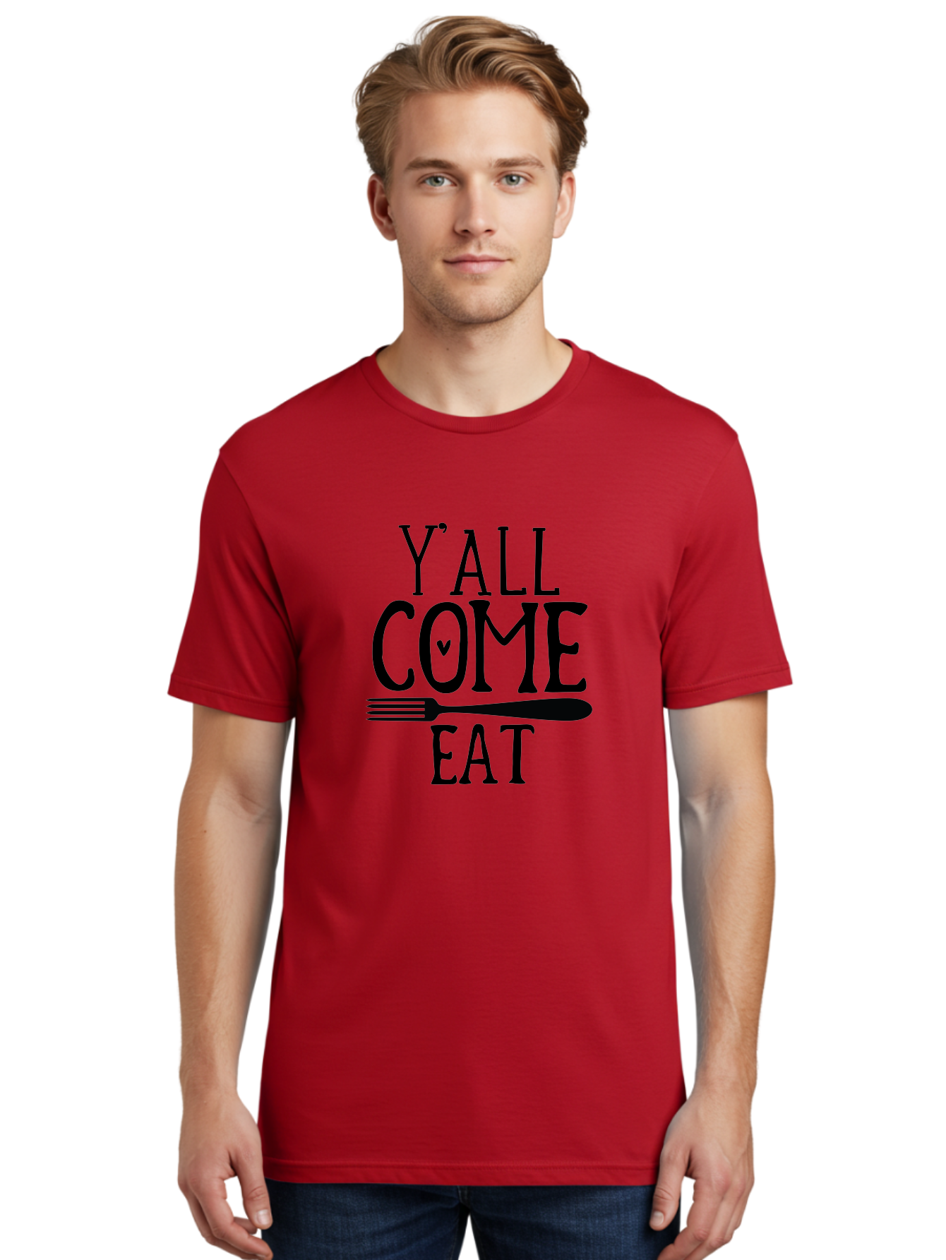 Y-All-Come-Eat Men'S Graphic Tee, 100% Cotton, Comfortable Casual Summer Wear, Machine Washable, Food Invitation, Southern Hospitality, Fork Graphic, Come Eat Sign, Restaurant Signage, Dinner Party Invitation, Casual Dining Aab597