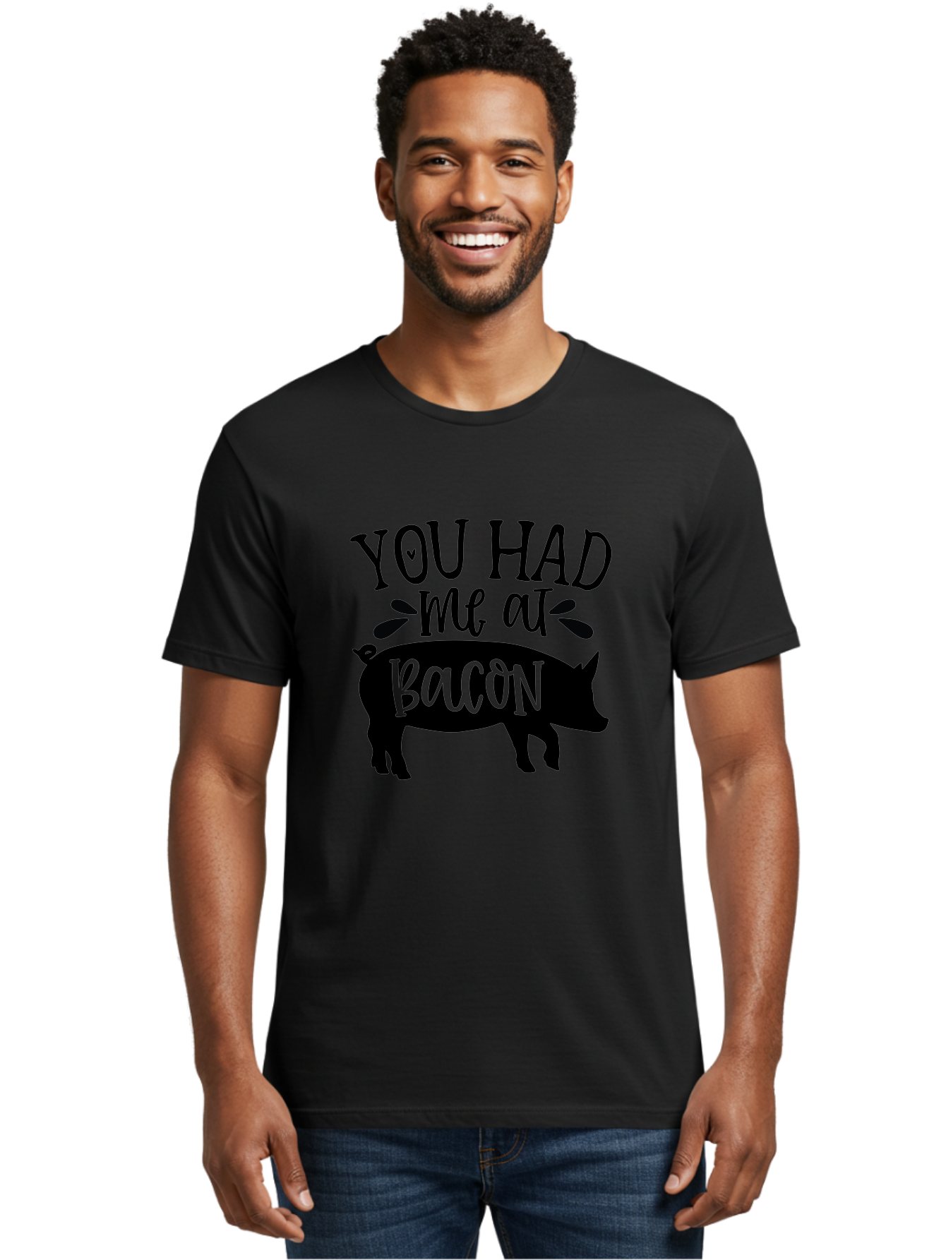 You-Had-Me-At-Bacon Men'S Graphic Tee, 100% Cotton, Comfortable Casual Summer Wear, Machine Washable, Funny Pig Quote, Bacon Lover Gift, Pig Silhouette, Cute Pig Design, Humorous Kitchen Decor, Love At Bacon Quote, Foodie Humor, Bacon Pun Aab599