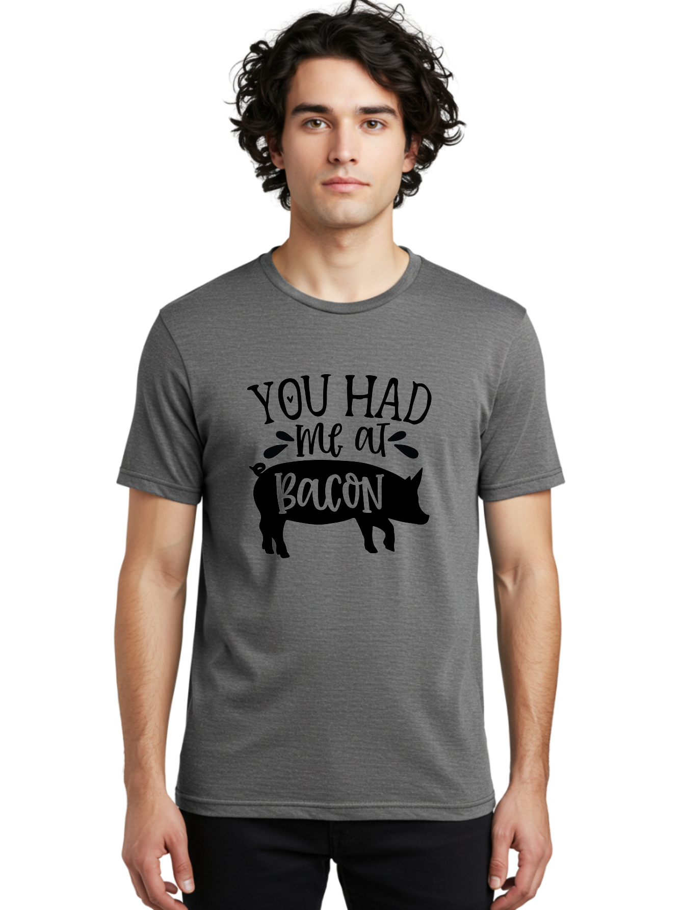 You-Had-Me-At-Bacon Men'S Graphic Tee, 100% Cotton, Comfortable Casual Summer Wear, Machine Washable, Funny Pig Quote, Bacon Lover Gift, Pig Silhouette, Cute Pig Design, Humorous Kitchen Decor, Love At Bacon Quote, Foodie Humor, Bacon Pun Aab599