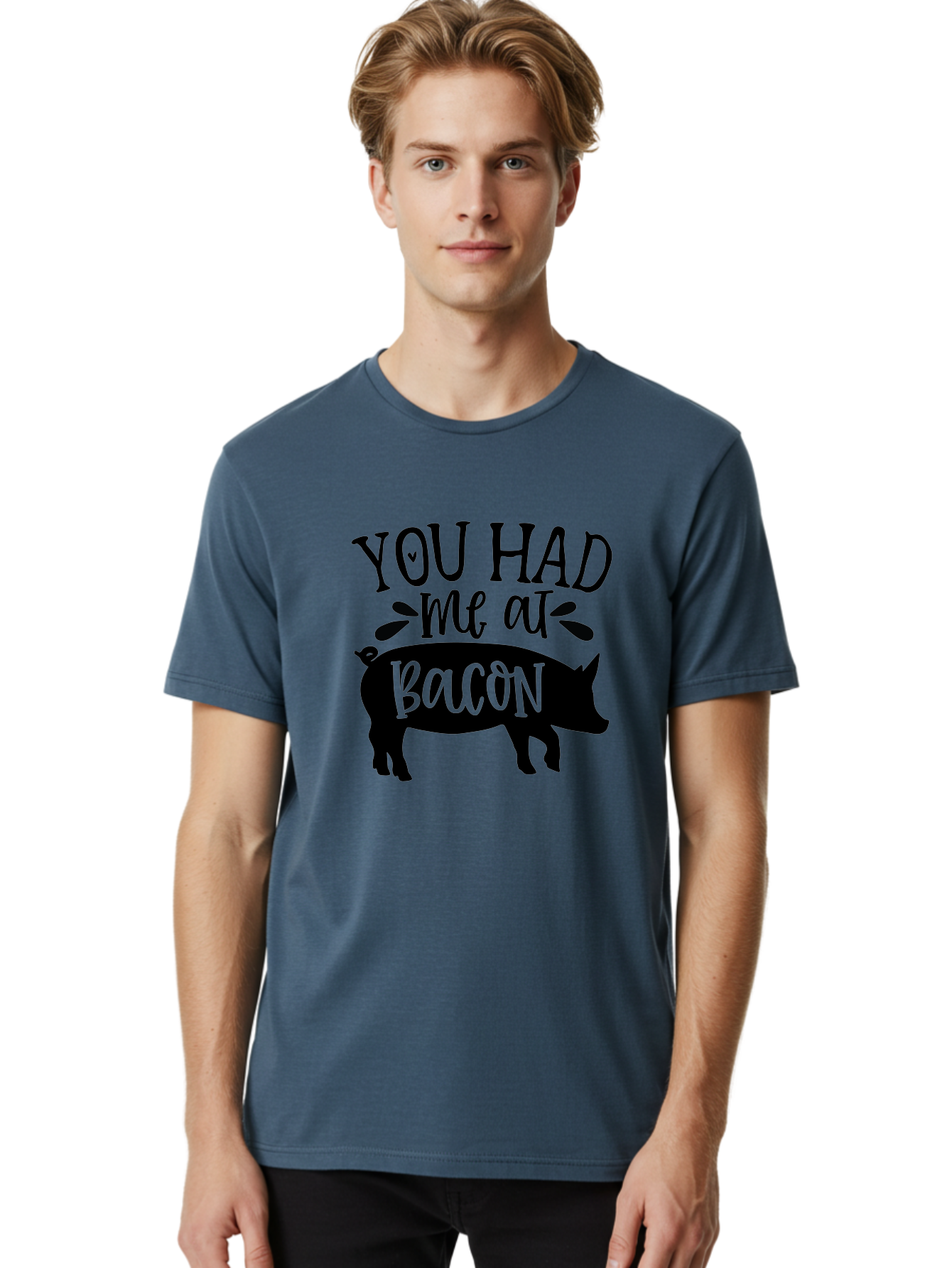 You-Had-Me-At-Bacon Men'S Graphic Tee, 100% Cotton, Comfortable Casual Summer Wear, Machine Washable, Funny Pig Quote, Bacon Lover Gift, Pig Silhouette, Cute Pig Design, Humorous Kitchen Decor, Love At Bacon Quote, Foodie Humor, Bacon Pun Aab599