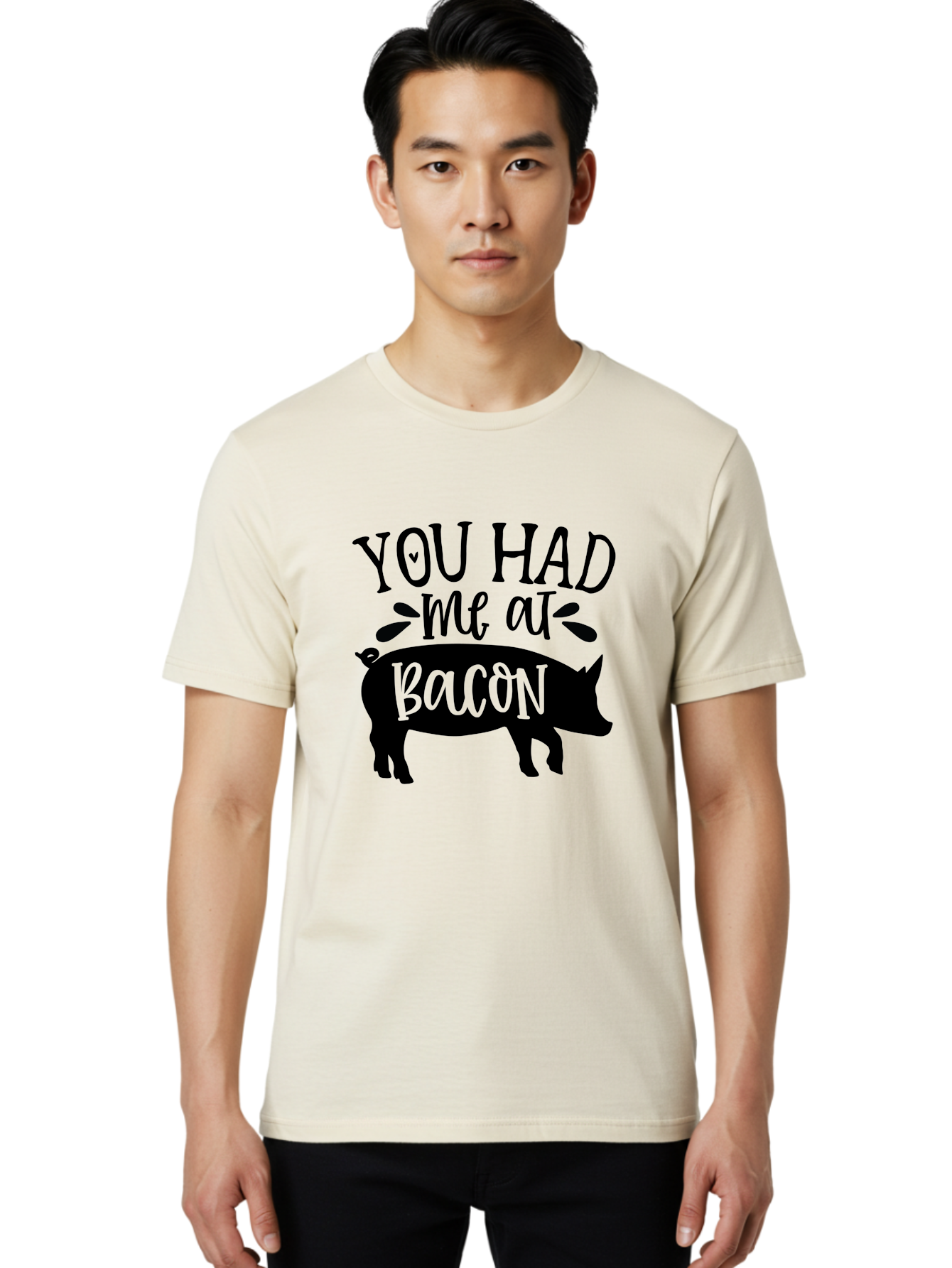 You-Had-Me-At-Bacon Men'S Graphic Tee, 100% Cotton, Comfortable Casual Summer Wear, Machine Washable, Funny Pig Quote, Bacon Lover Gift, Pig Silhouette, Cute Pig Design, Humorous Kitchen Decor, Love At Bacon Quote, Foodie Humor, Bacon Pun Aab599