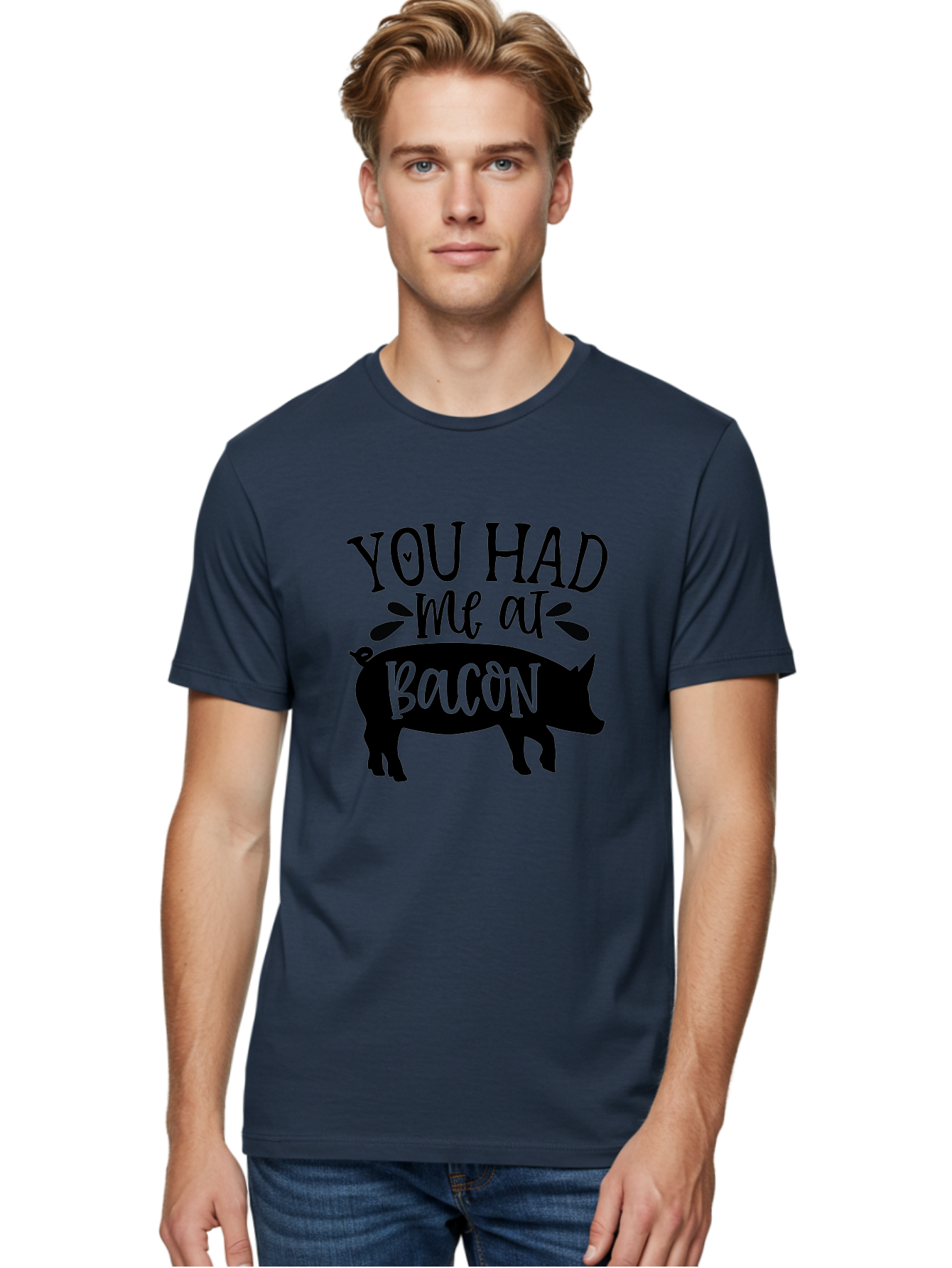 You-Had-Me-At-Bacon Men'S Graphic Tee, 100% Cotton, Comfortable Casual Summer Wear, Machine Washable, Funny Pig Quote, Bacon Lover Gift, Pig Silhouette, Cute Pig Design, Humorous Kitchen Decor, Love At Bacon Quote, Foodie Humor, Bacon Pun Aab599
