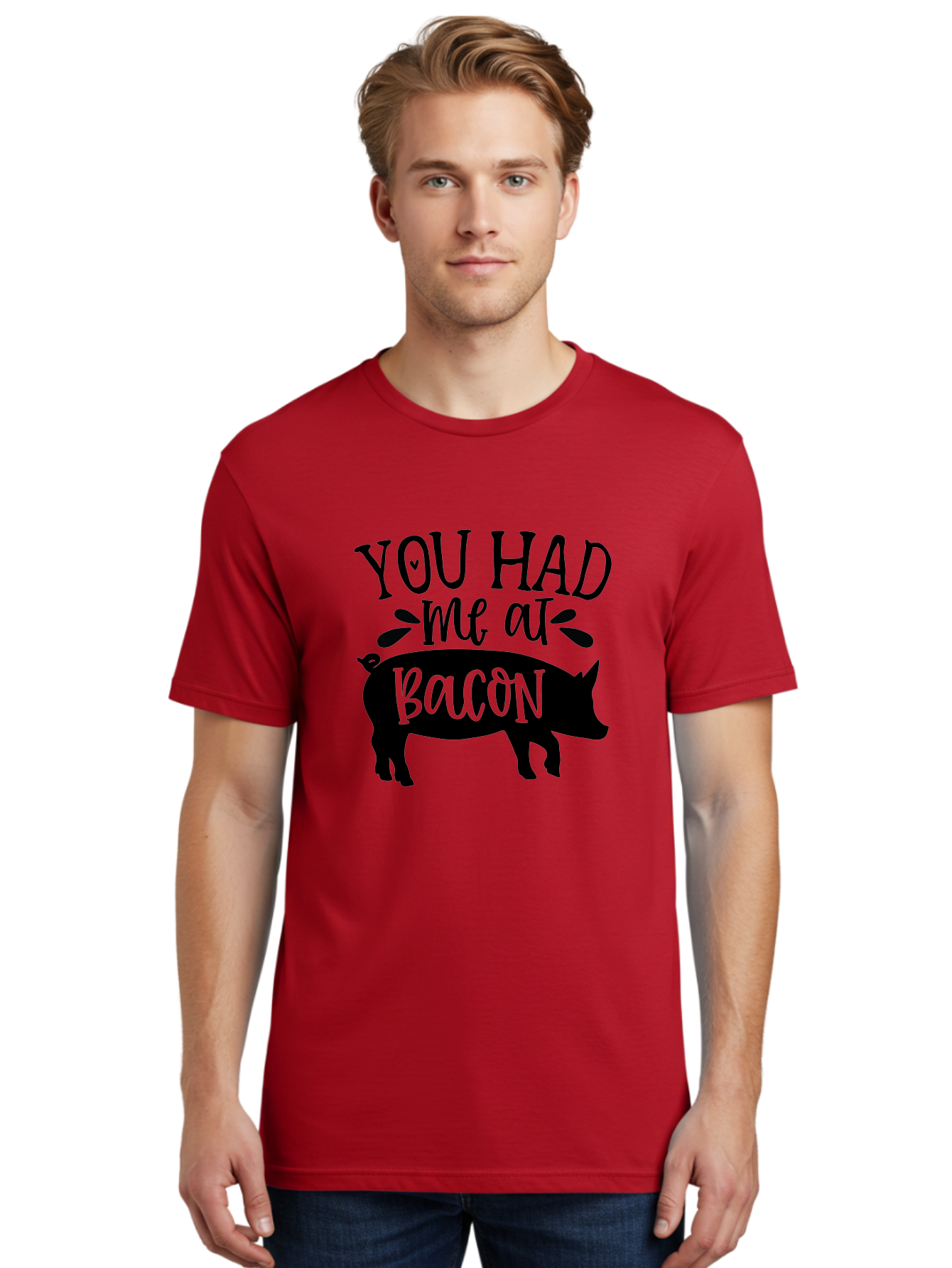 You-Had-Me-At-Bacon Men'S Graphic Tee, 100% Cotton, Comfortable Casual Summer Wear, Machine Washable, Funny Pig Quote, Bacon Lover Gift, Pig Silhouette, Cute Pig Design, Humorous Kitchen Decor, Love At Bacon Quote, Foodie Humor, Bacon Pun Aab599