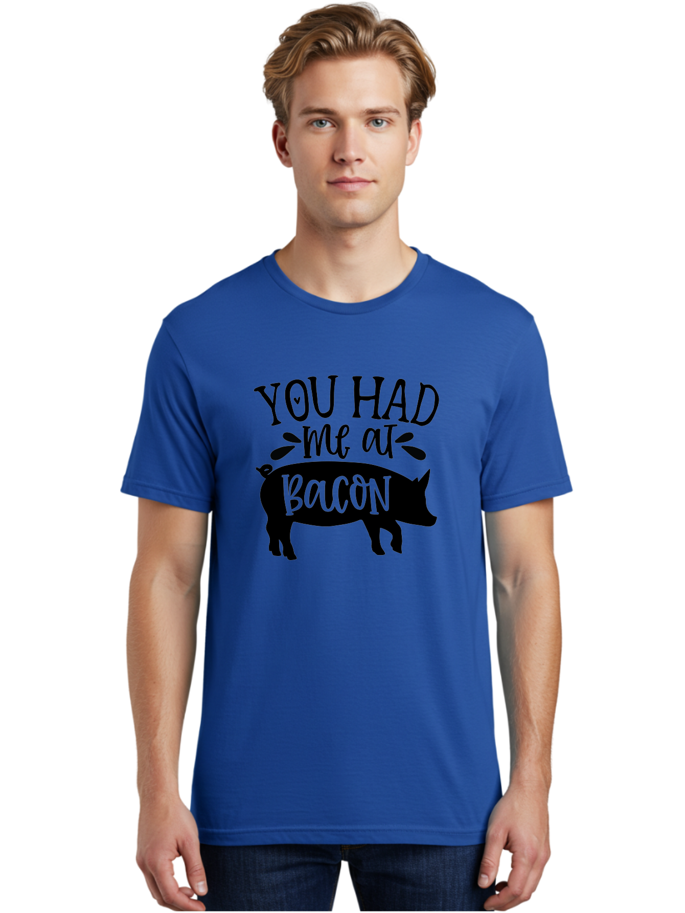 You-Had-Me-At-Bacon Men'S Graphic Tee, 100% Cotton, Comfortable Casual Summer Wear, Machine Washable, Funny Pig Quote, Bacon Lover Gift, Pig Silhouette, Cute Pig Design, Humorous Kitchen Decor, Love At Bacon Quote, Foodie Humor, Bacon Pun Aab599