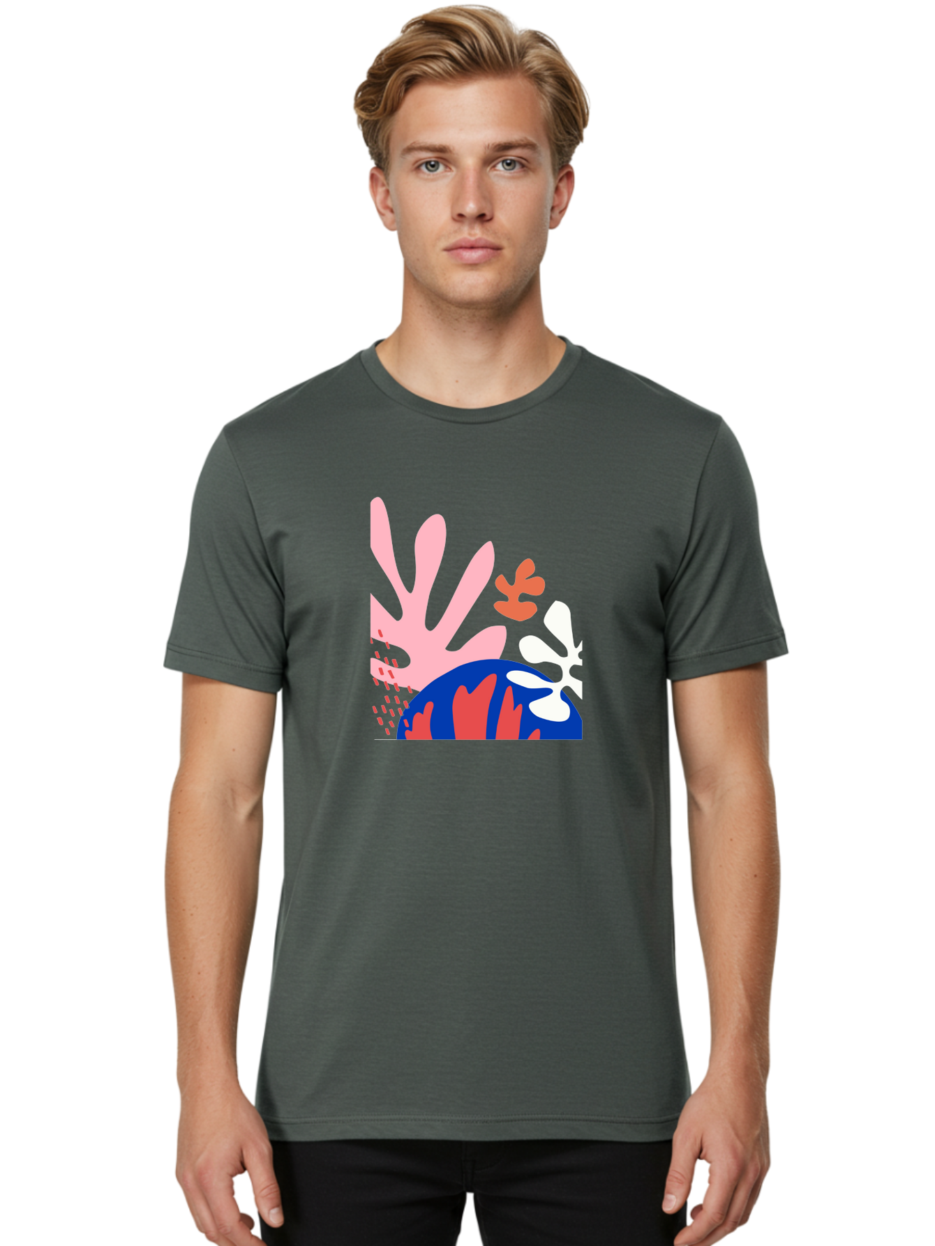 Abstract-Art Men'S Graphic Tee, 100% Cotton, Comfortable Casual Summer Wear, Machine Washable, Abstract Floral Design, Vibrant Colors, Playful Patterns, Blue And Red Globe, Pink Background, Yellow Rectangle, Modern Art, Creative Graphic Aab600