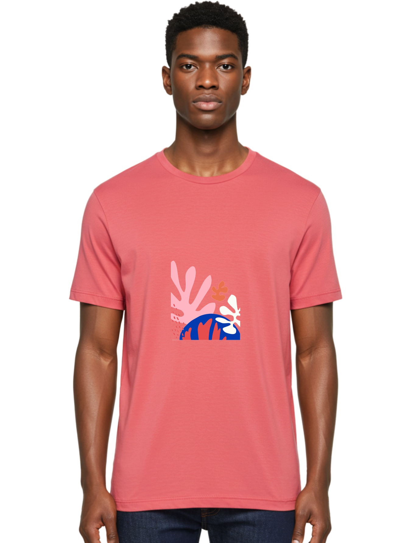Abstract-Art Men'S Graphic Tee, 100% Cotton, Comfortable Casual Summer Wear, Machine Washable, Abstract Floral Design, Vibrant Colors, Playful Patterns, Blue And Red Globe, Pink Background, Yellow Rectangle, Modern Art, Creative Graphic Aab600