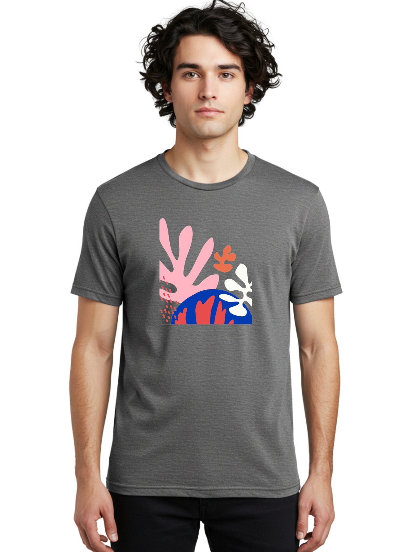 Abstract-Art Men'S Graphic Tee, 100% Cotton, Comfortable Casual Summer Wear, Machine Washable, Abstract Floral Design, Vibrant Colors, Playful Patterns, Blue And Red Globe, Pink Background, Yellow Rectangle, Modern Art, Creative Graphic Aab600