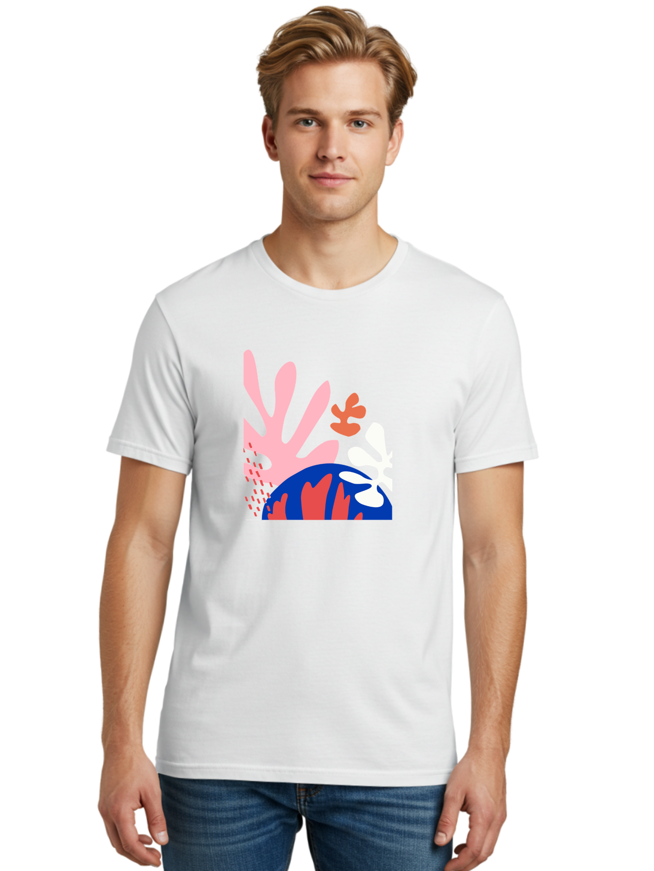Abstract-Art Men'S Graphic Tee, 100% Cotton, Comfortable Casual Summer Wear, Machine Washable, Abstract Floral Design, Vibrant Colors, Playful Patterns, Blue And Red Globe, Pink Background, Yellow Rectangle, Modern Art, Creative Graphic Aab600