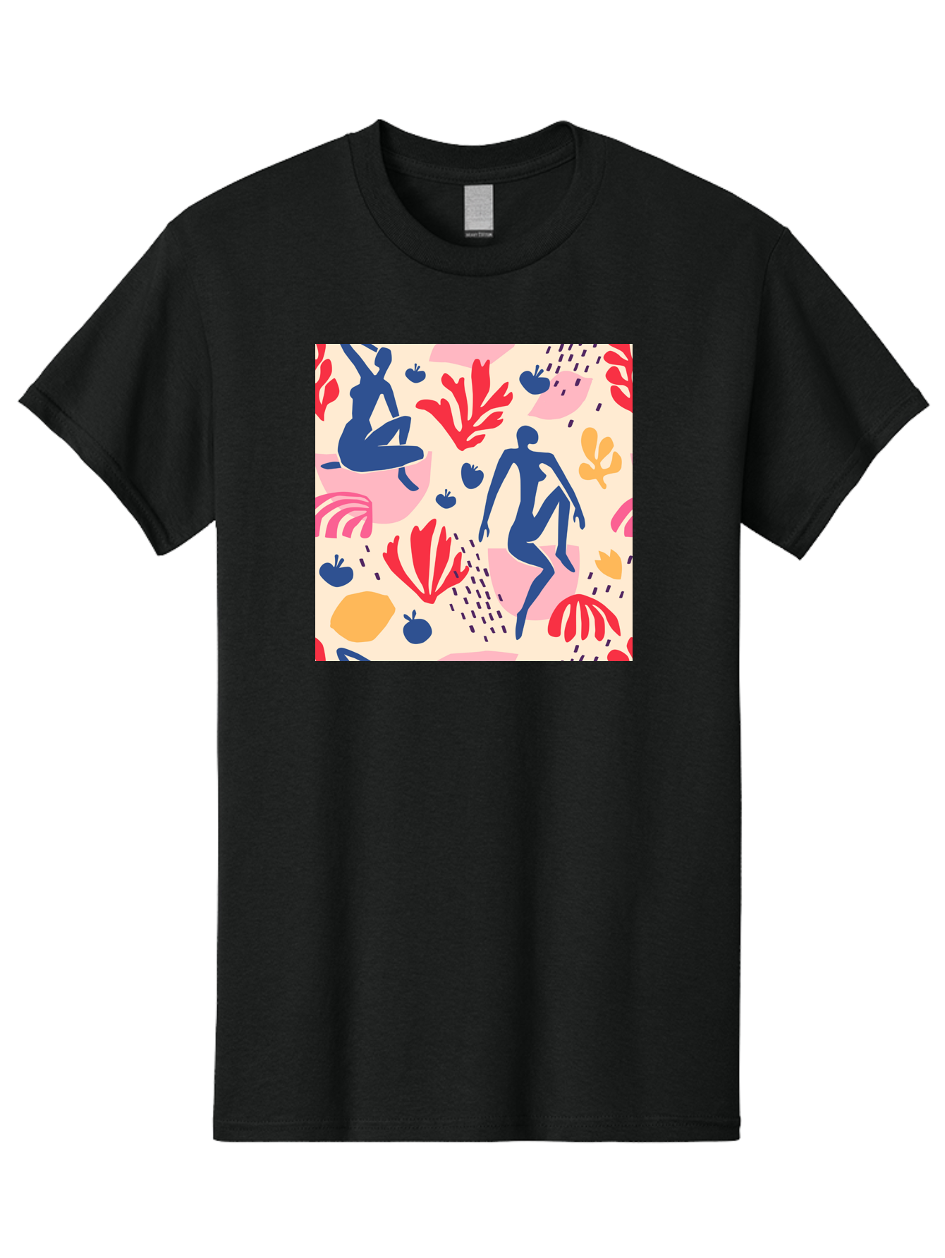 Abstract-Figures Men'S Graphic Tee, 100% Cotton, Comfortable Casual Summer Wear, Machine Washable, Blue Silhouettes Dancing, Abstract Floral Pattern, Vibrant Colors, Dynamic Movement, Playful Atmosphere, Modern Art, Colorful Design, Aab601