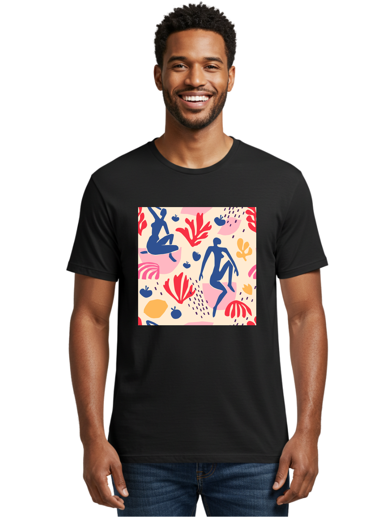 Abstract-Figures Men'S Graphic Tee, 100% Cotton, Comfortable Casual Summer Wear, Machine Washable, Blue Silhouettes Dancing, Abstract Floral Pattern, Vibrant Colors, Dynamic Movement, Playful Atmosphere, Modern Art, Colorful Design, Aab601