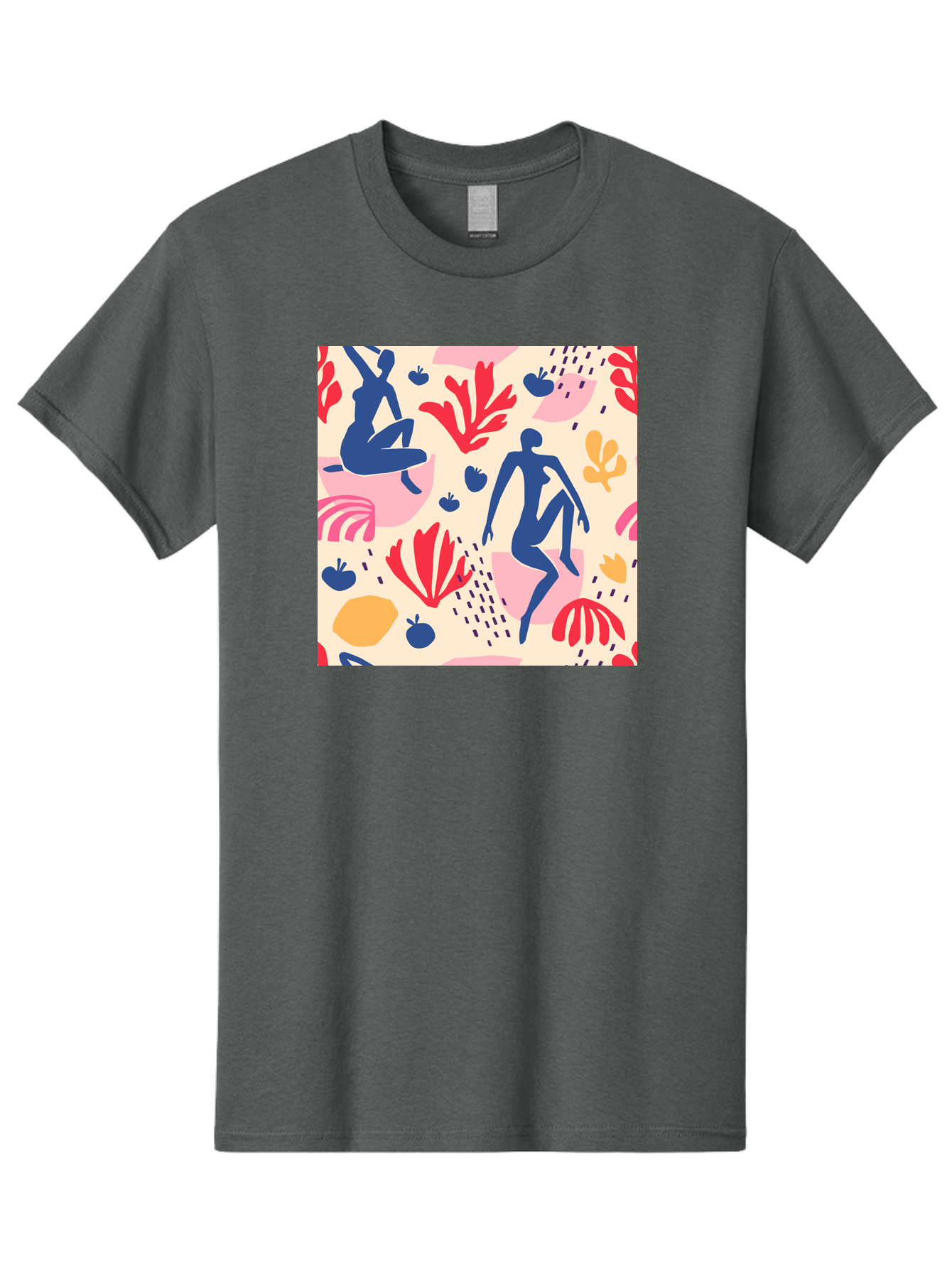 Abstract-Figures Men'S Graphic Tee, 100% Cotton, Comfortable Casual Summer Wear, Machine Washable, Blue Silhouettes Dancing, Abstract Floral Pattern, Vibrant Colors, Dynamic Movement, Playful Atmosphere, Modern Art, Colorful Design, Aab601